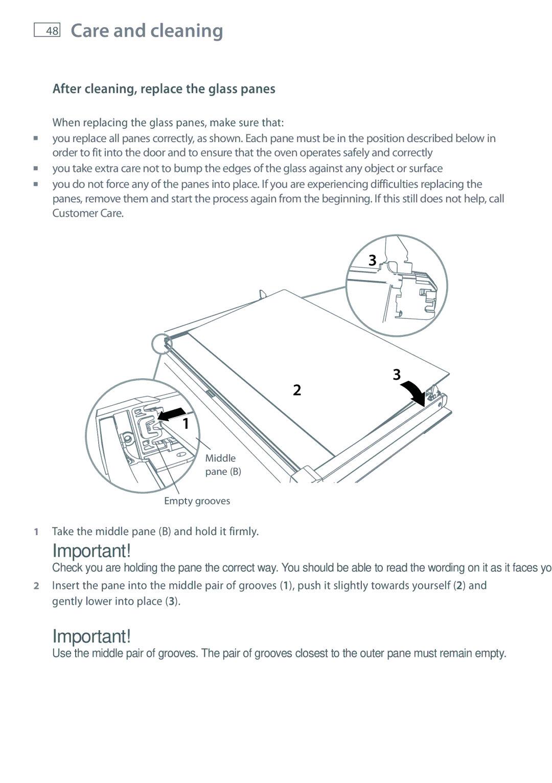 Fisher & Paykel OR90SBDSIX After cleaning, replace the glass panes, When replacing the glass panes, make sure that 