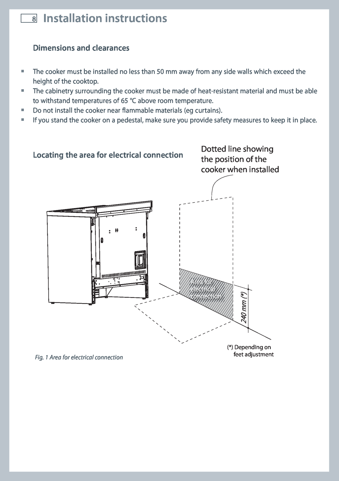 Fisher & Paykel OR90SBDSIX Installation instructions, Dimensions and clearances, Dotted line showing 