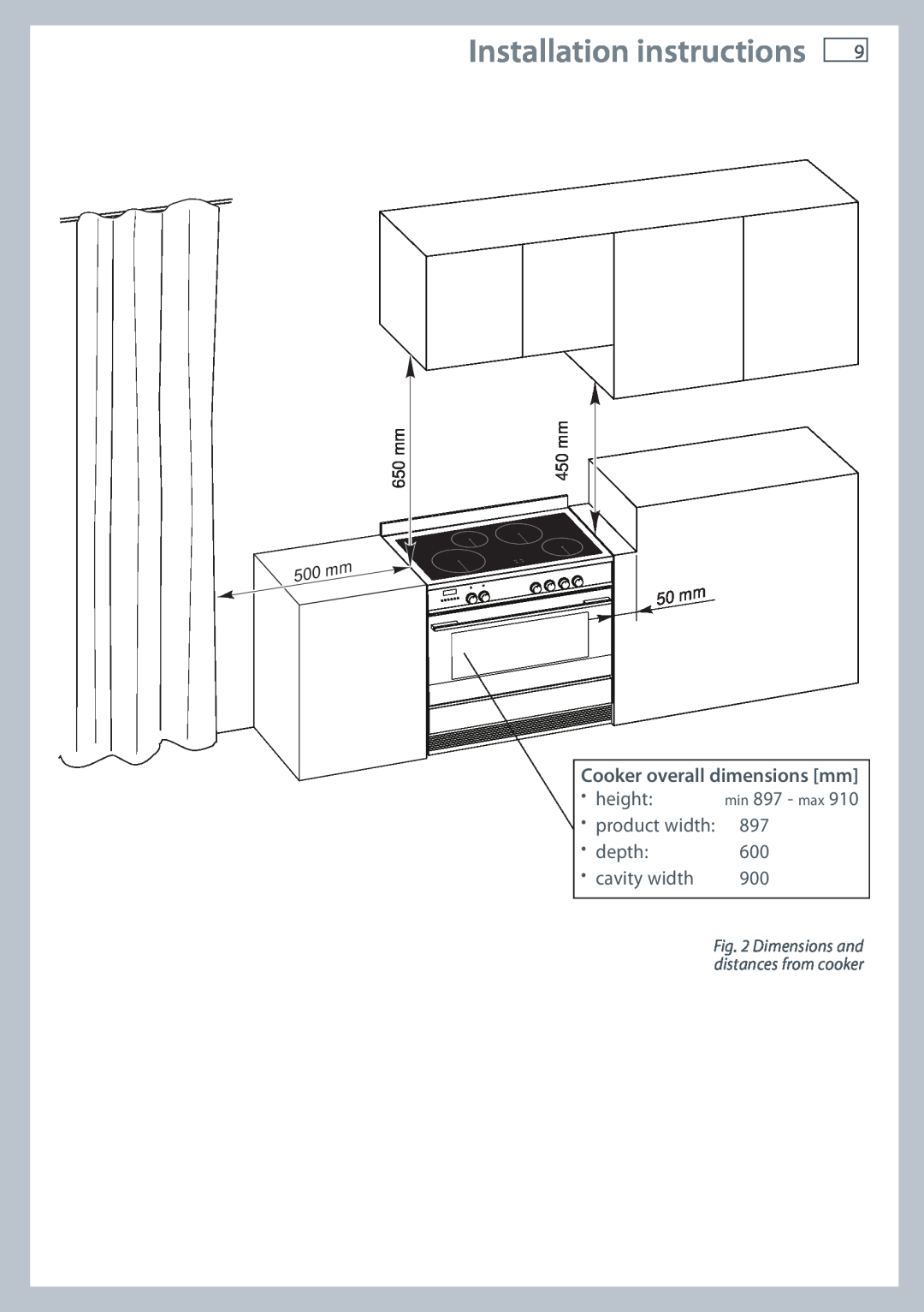 Fisher & Paykel OR90SBDSIX Installation instructions, min 897 - max, 650 mm, 450 mm, Dimensions and distances from cooker 