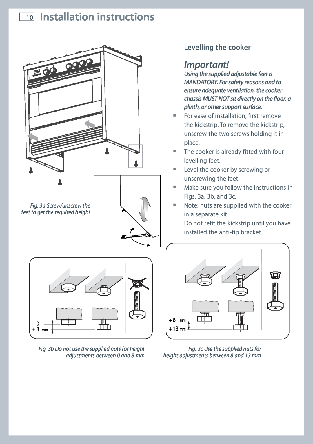 Fisher & Paykel OR90SBDSIX installation instructions Installation instructions, Levelling the cooker 
