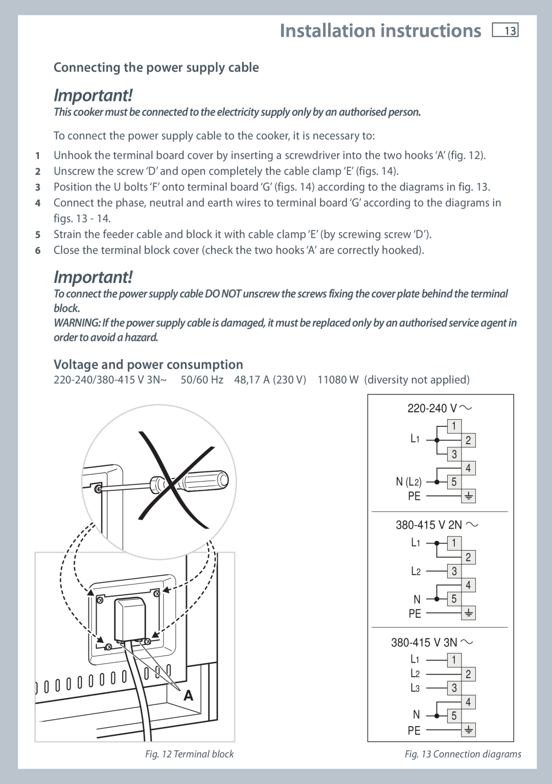 Fisher & Paykel OR90SBDSIX Installation instructions, Connecting the power supply cable, Voltage and power consumption 