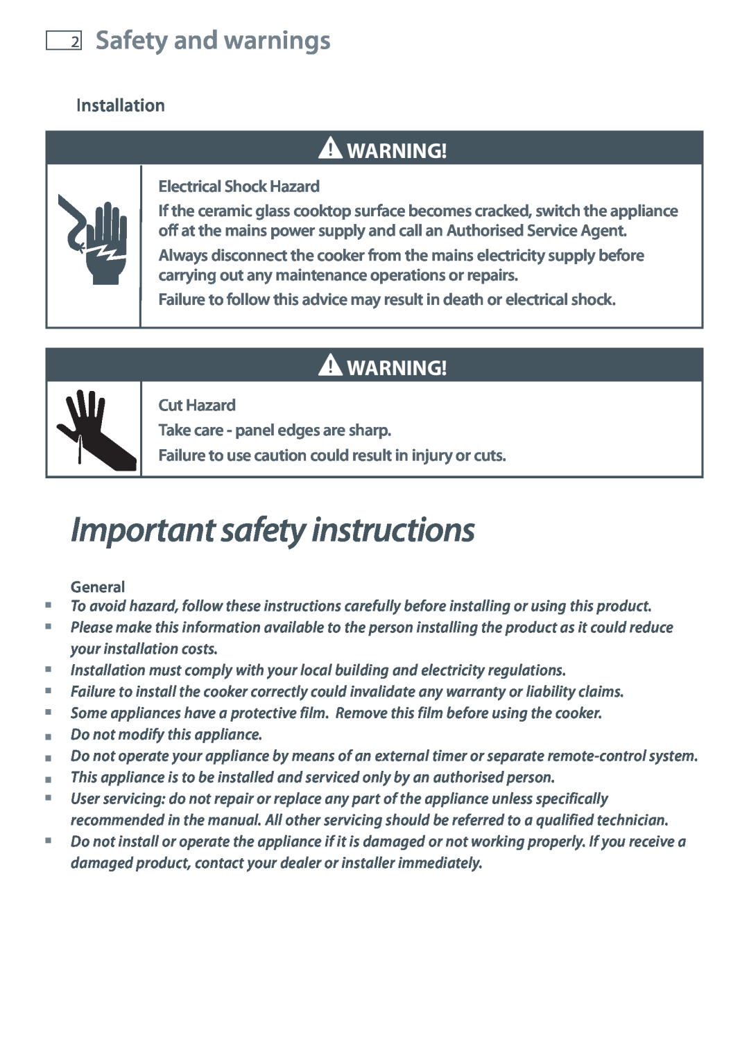 Fisher & Paykel OR90SBDSIX Important safety instructions, Safety and warnings, Installation, Electrical Shock Hazard 