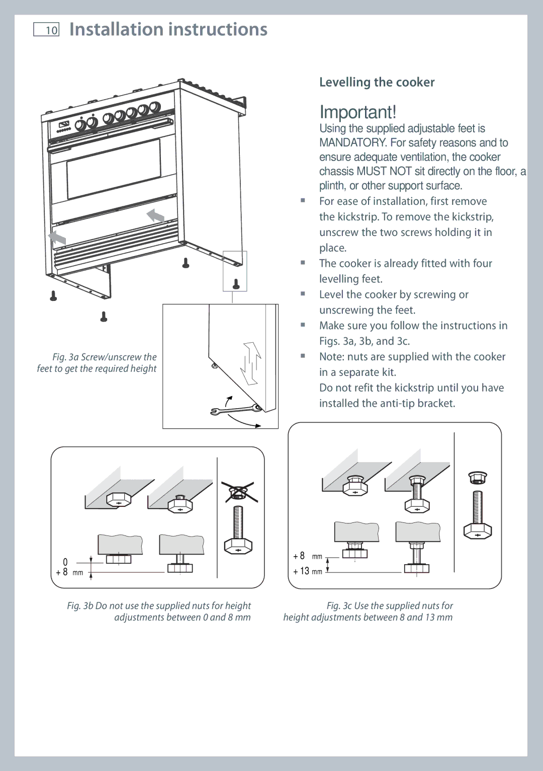 Fisher & Paykel OR90SDBGFPX Levelling the cooker, Screw/unscrew the feet to get the required height 