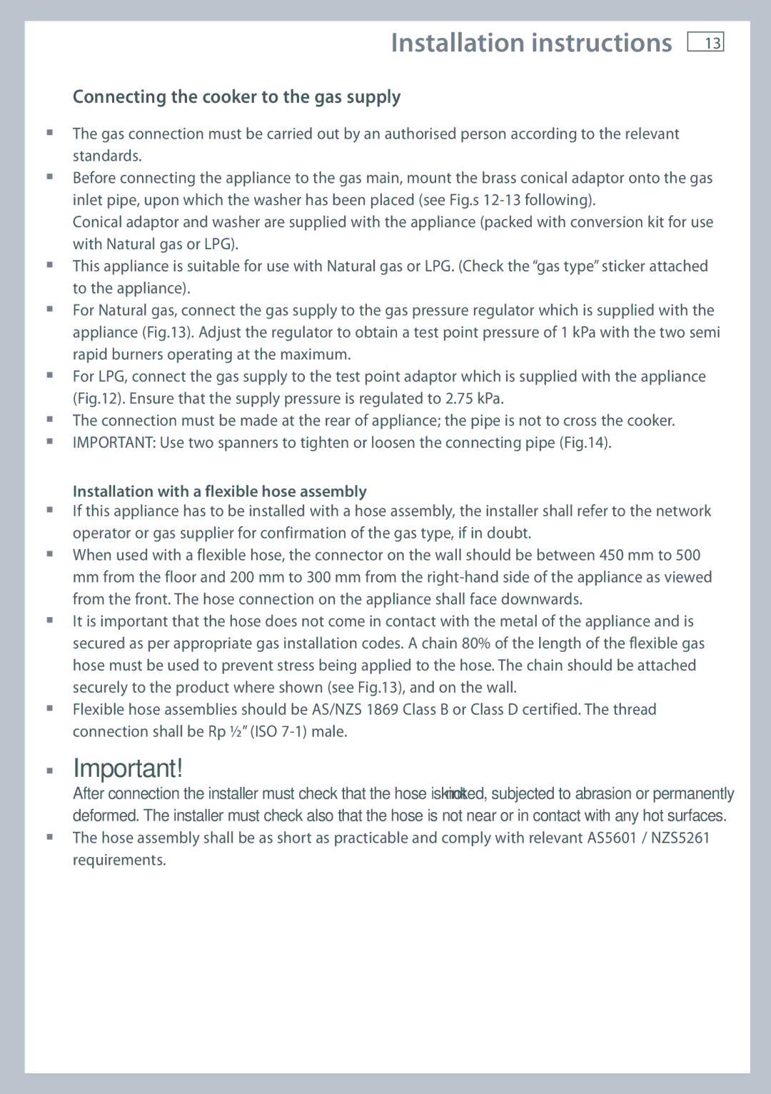 Fisher & Paykel OR90SDBGFPX Connecting the cooker to the gas supply, Installation with a flexible hose assembly 