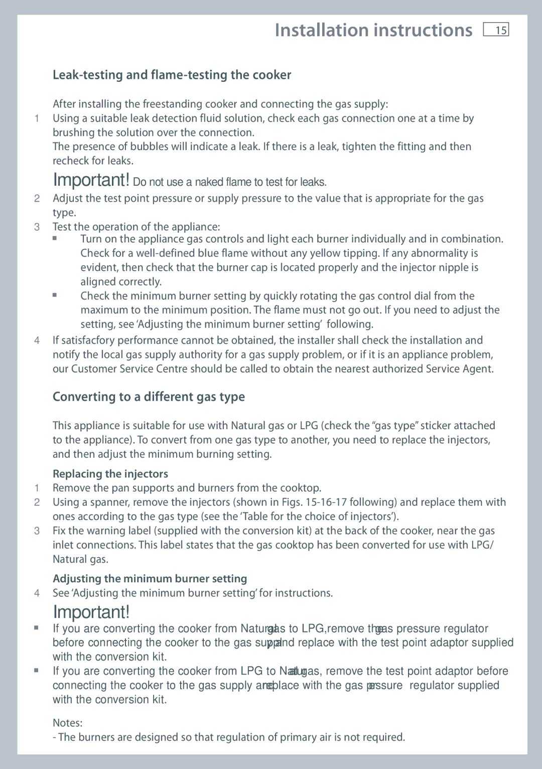 Fisher & Paykel OR90SDBGFPX Leak-testing and flame-testing the cooker, Converting to a different gas type 