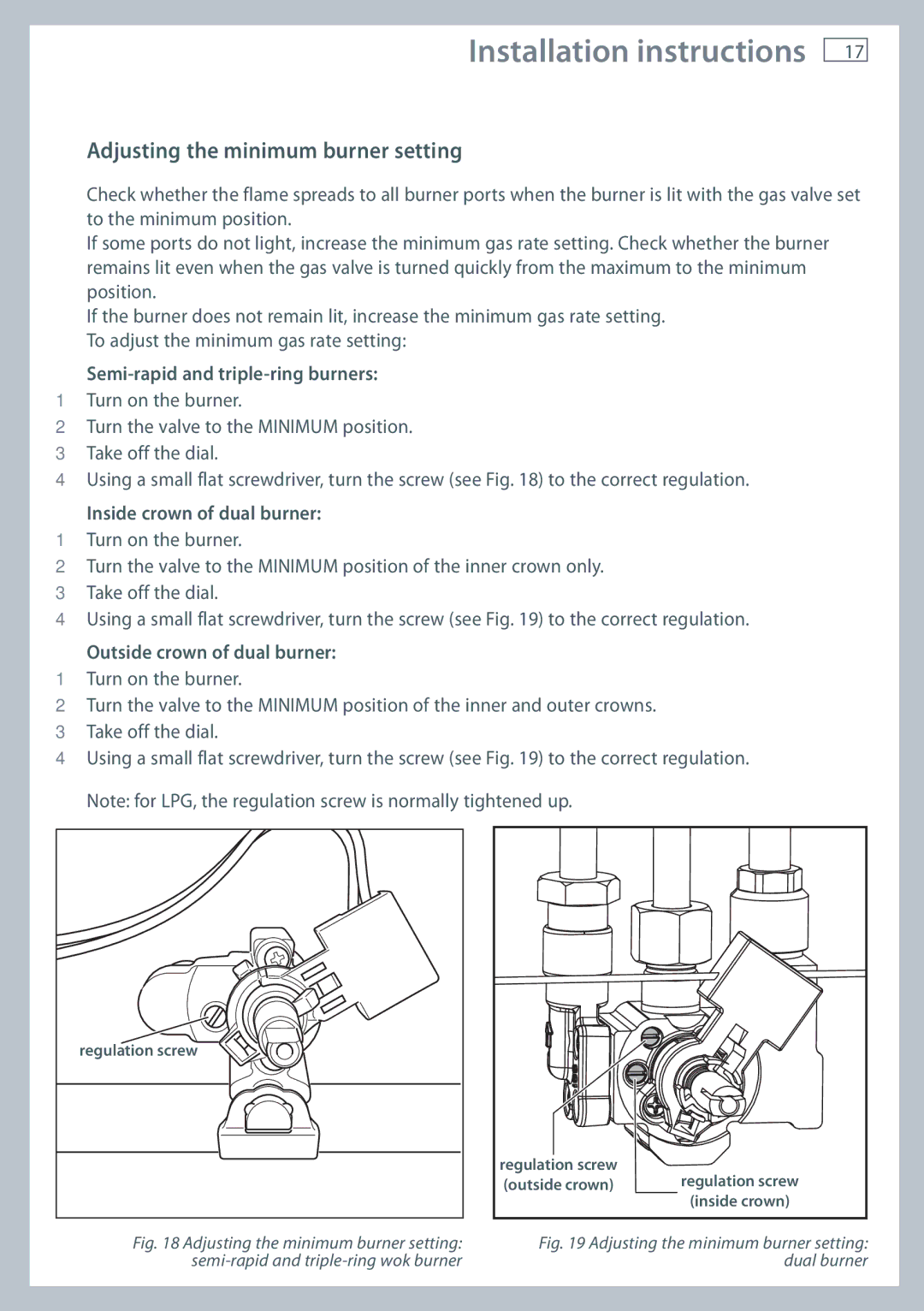 Fisher & Paykel OR90SDBGFPX Adjusting the minimum burner setting, Semi-rapid and triple-ring burners 