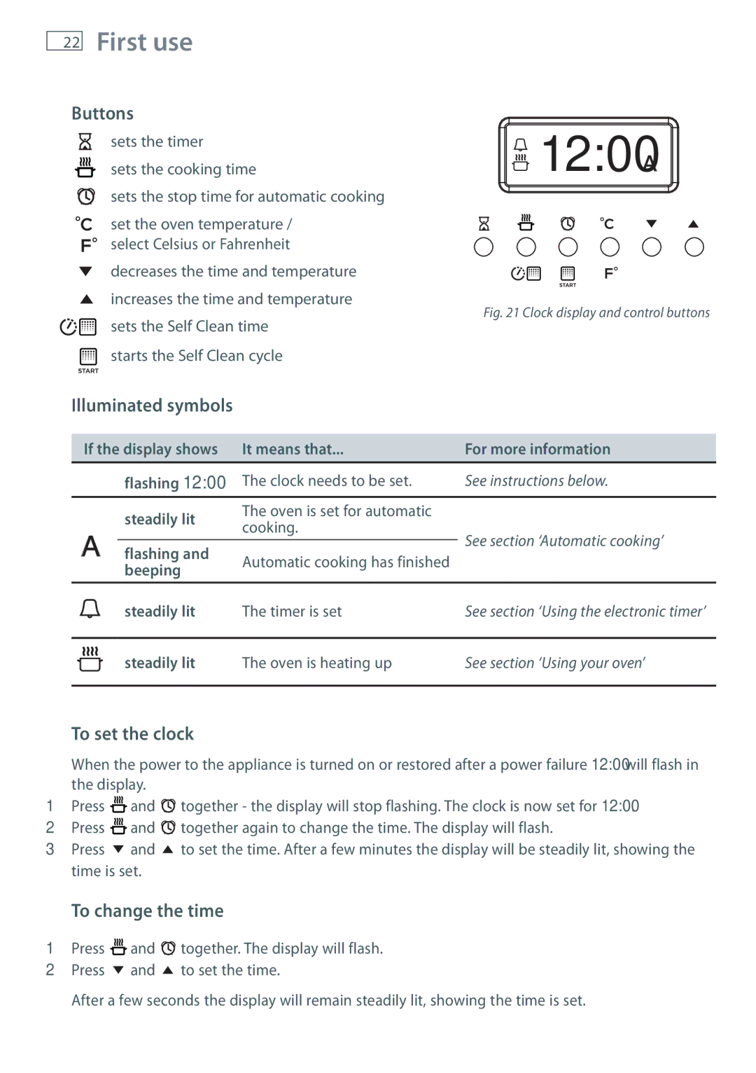 Fisher & Paykel OR90SDBGFPX installation instructions Buttons, Illuminated symbols, To set the clock, To change the time 