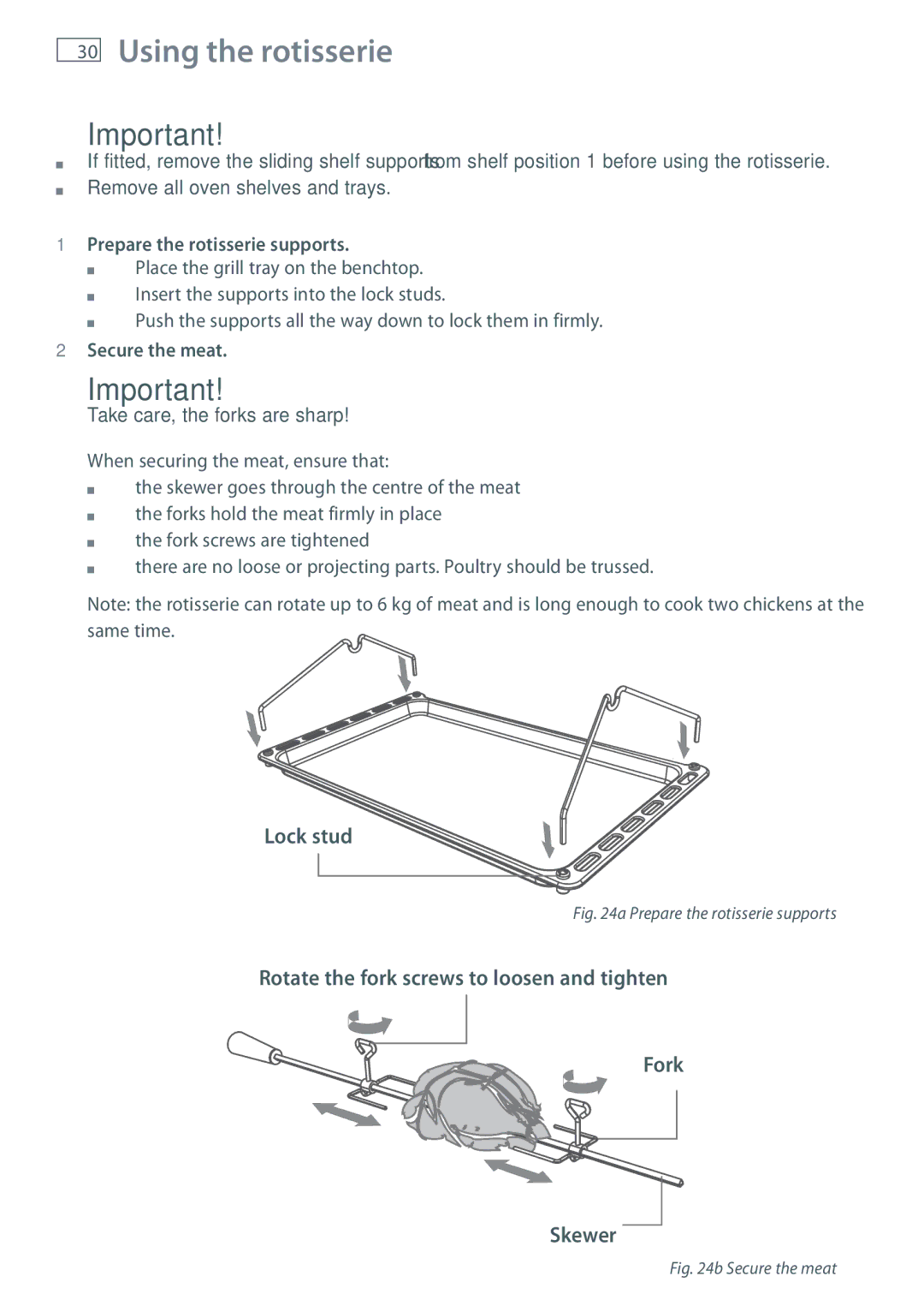 Fisher & Paykel OR90SDBGFPX Using the rotisserie, Prepare the rotisserie supports, Secure the meat 