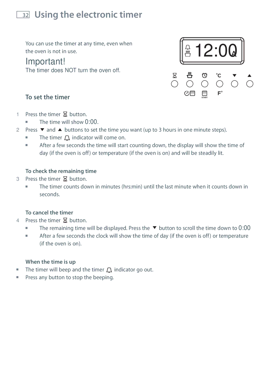 Fisher & Paykel OR90SDBGFPX Using the electronic timer, To set the timer, To check the remaining time, To cancel the timer 