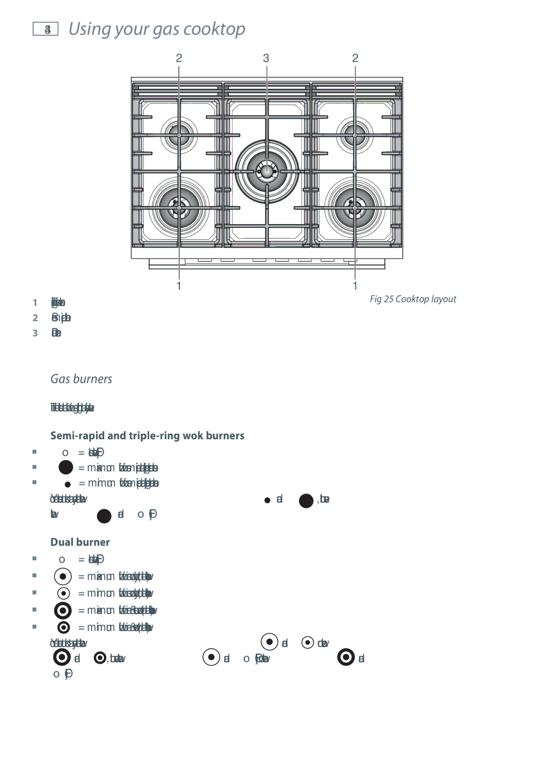 Fisher & Paykel OR90SDBGFPX Using your gas cooktop, Gas burners, Semi-rapid and triple-ring wok burners, Dual burner 