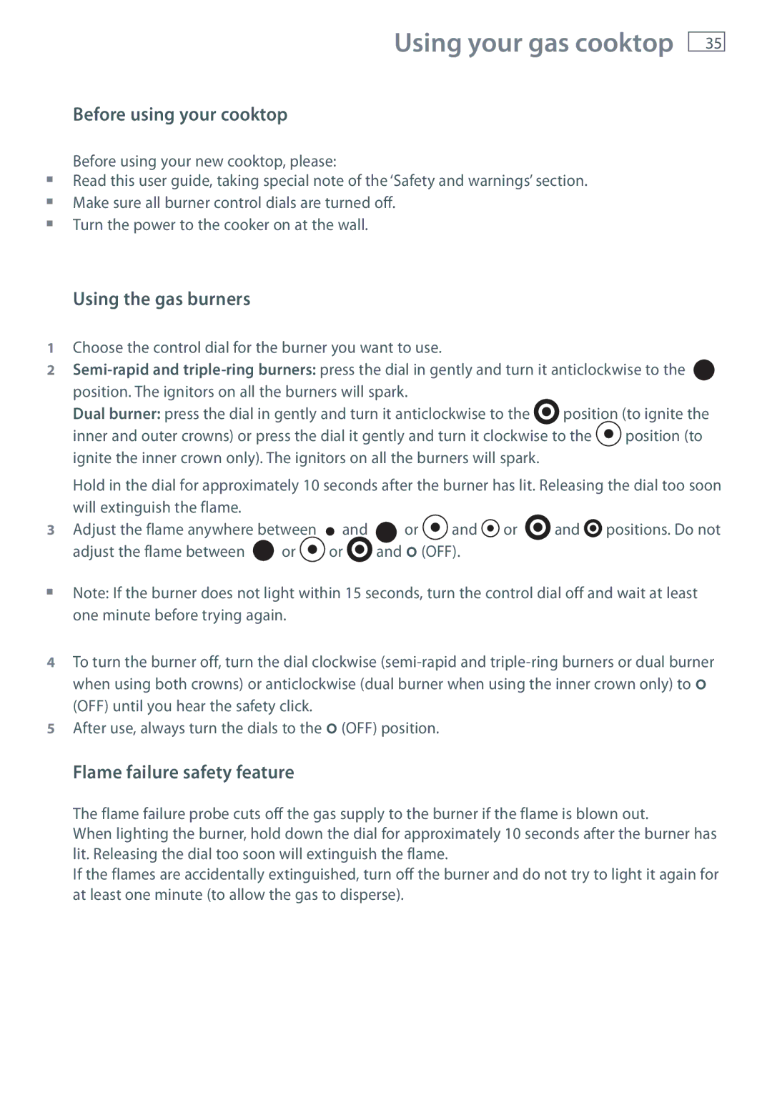 Fisher & Paykel OR90SDBGFPX Before using your cooktop, Using the gas burners, Flame failure safety feature 