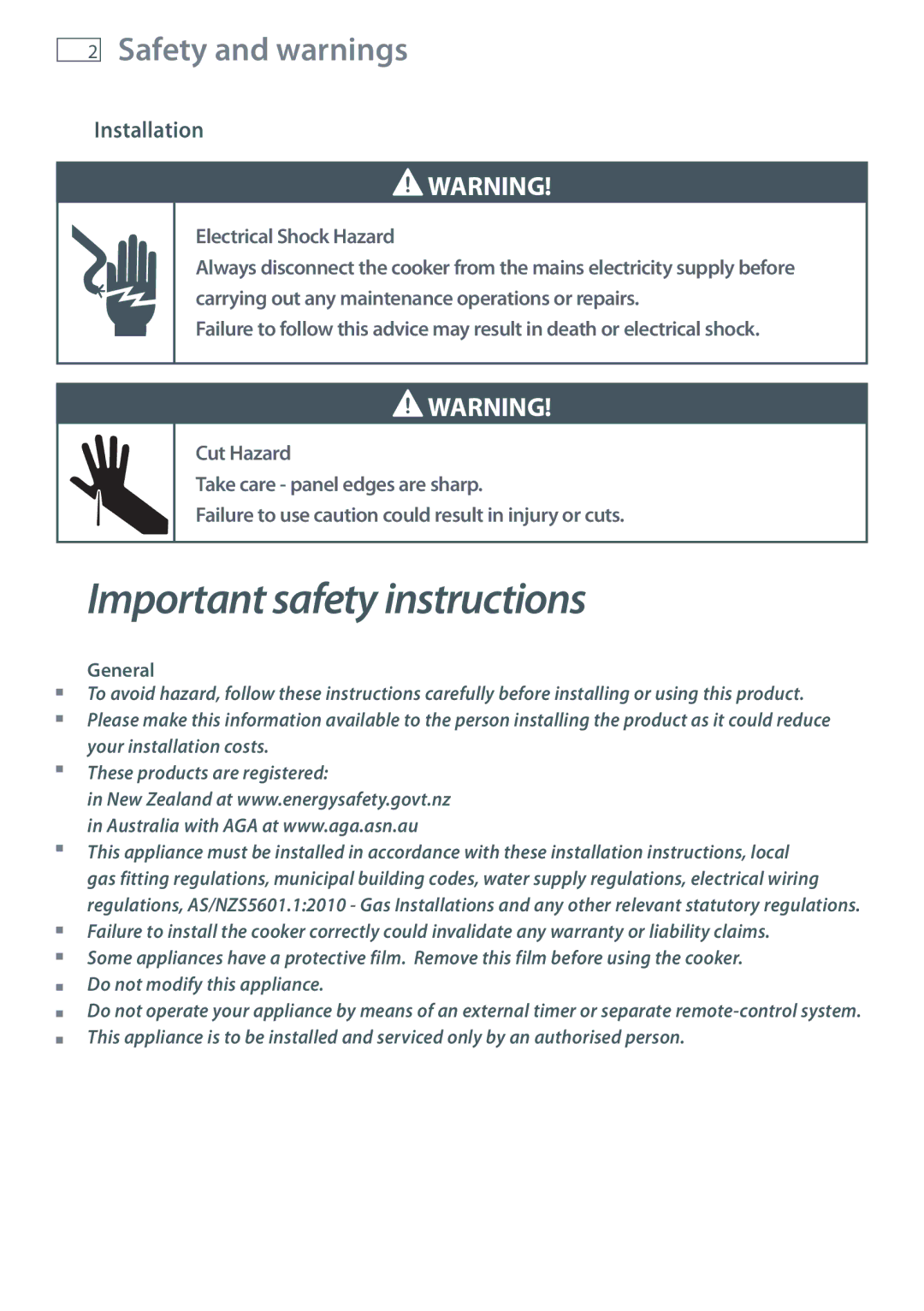 Fisher & Paykel OR90SDBGFPX installation instructions Safety and warnings, Installation, General 