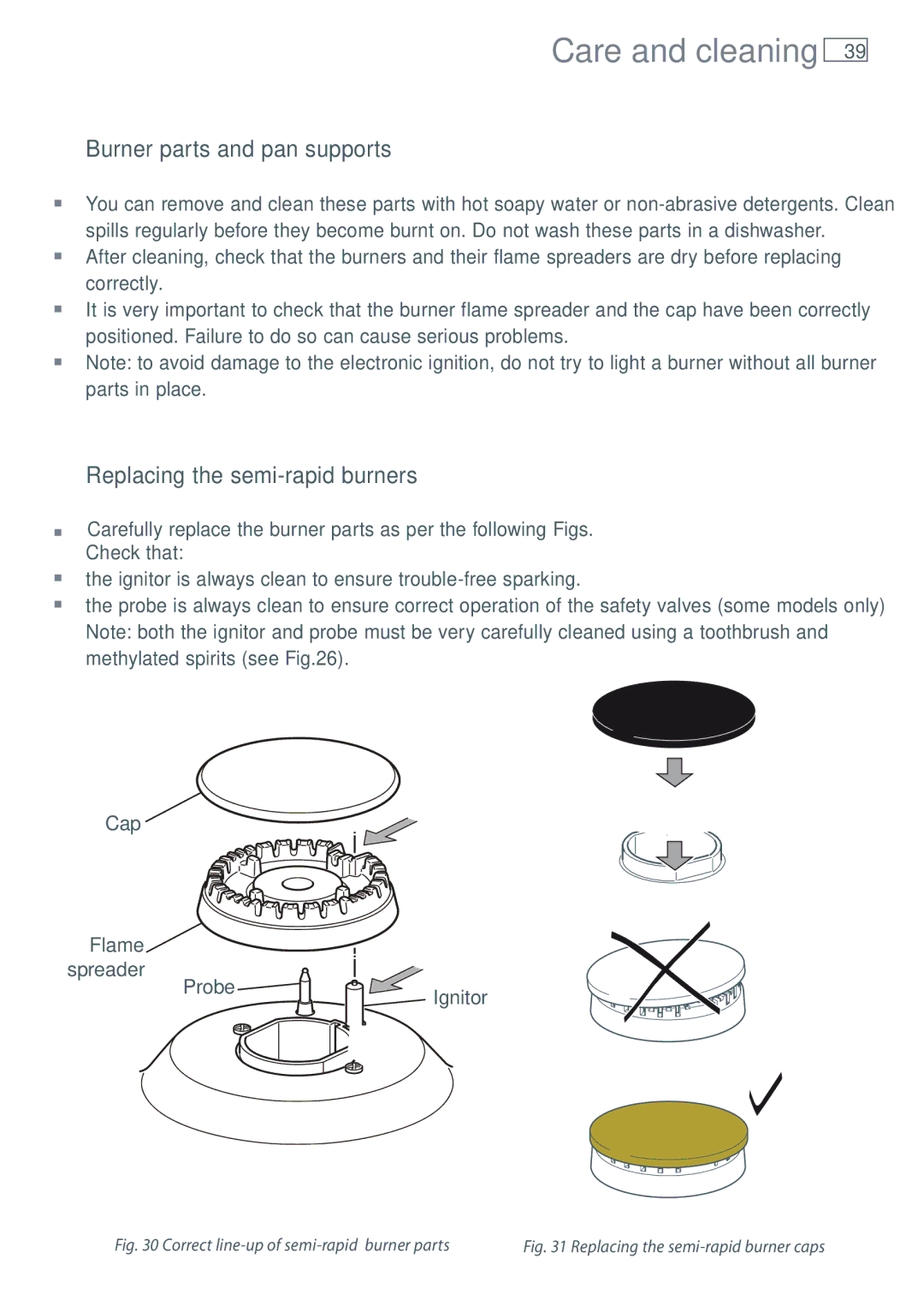 Fisher & Paykel OR90SDBGFPX installation instructions Burner parts and pan supports, Replacing the semi-rapid burners 