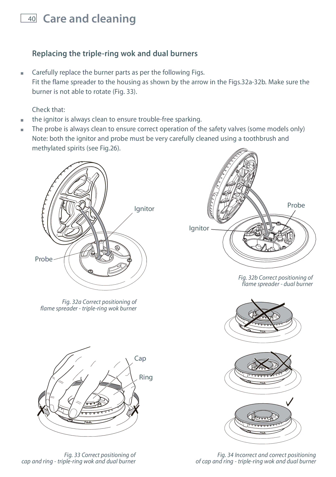 Fisher & Paykel OR90SDBGFPX installation instructions Replacing the triple-ring wok and dual burners 