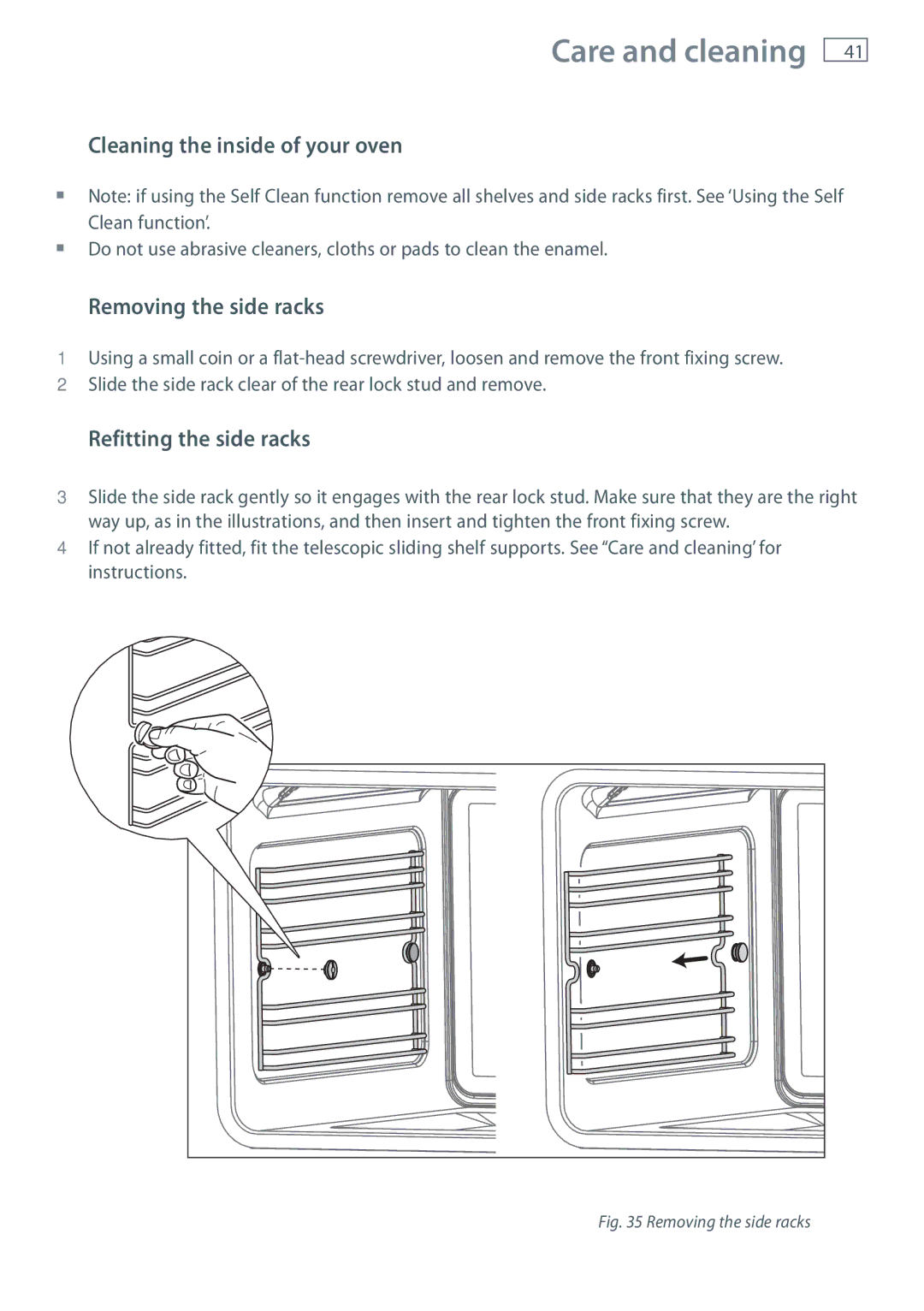 Fisher & Paykel OR90SDBGFPX Cleaning the inside of your oven, Removing the side racks, Refitting the side racks 