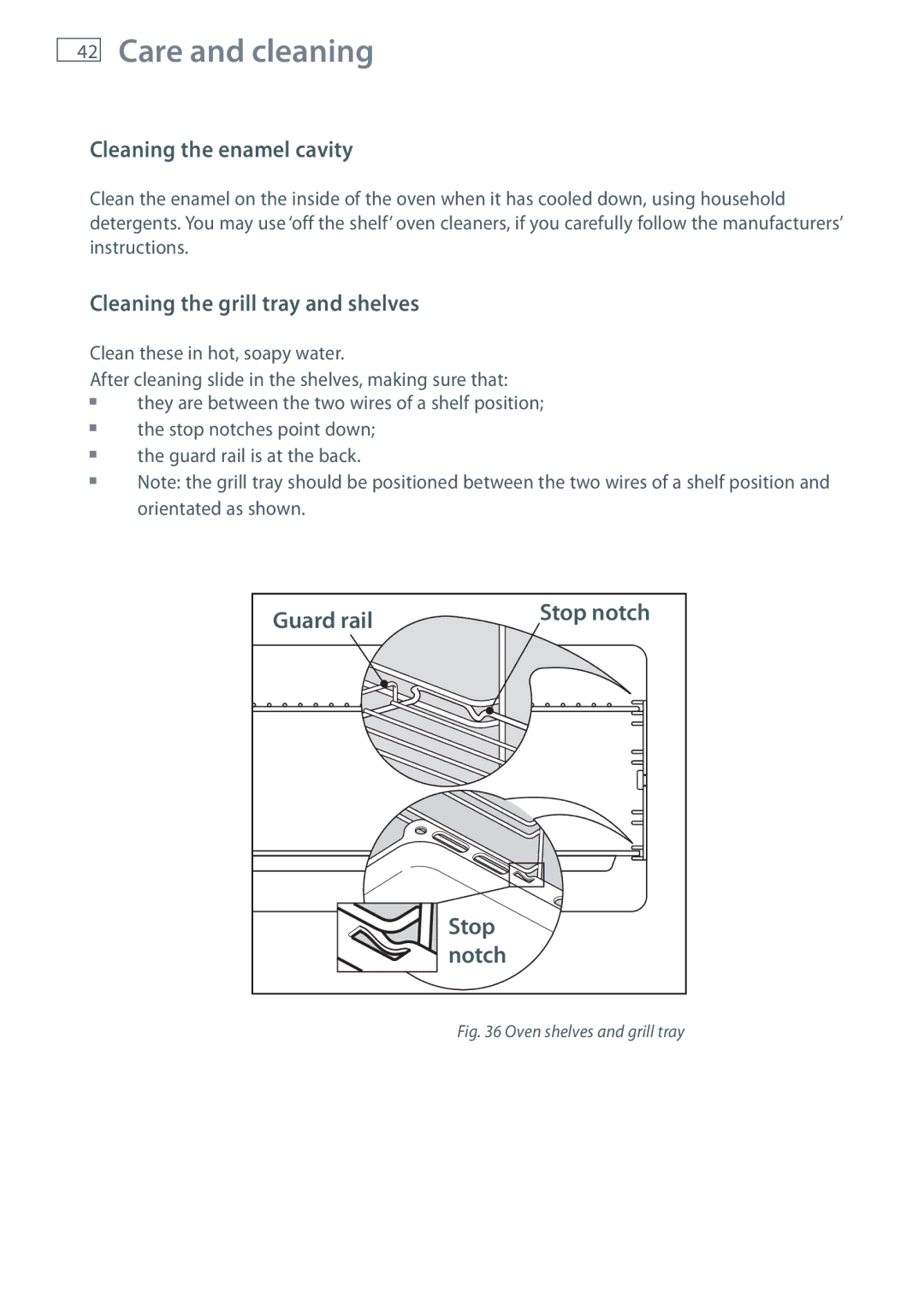 Fisher & Paykel OR90SDBGFPX Cleaning the enamel cavity, Cleaning the grill tray and shelves, Guard rail, Stop, Notch 