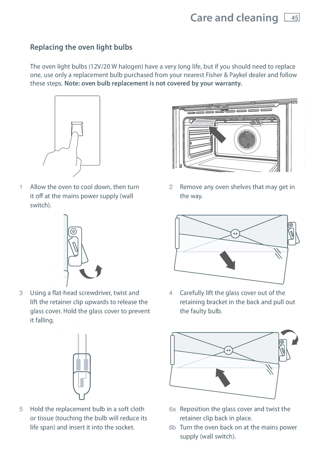 Fisher & Paykel OR90SDBGFPX installation instructions Replacing the oven light bulbs 