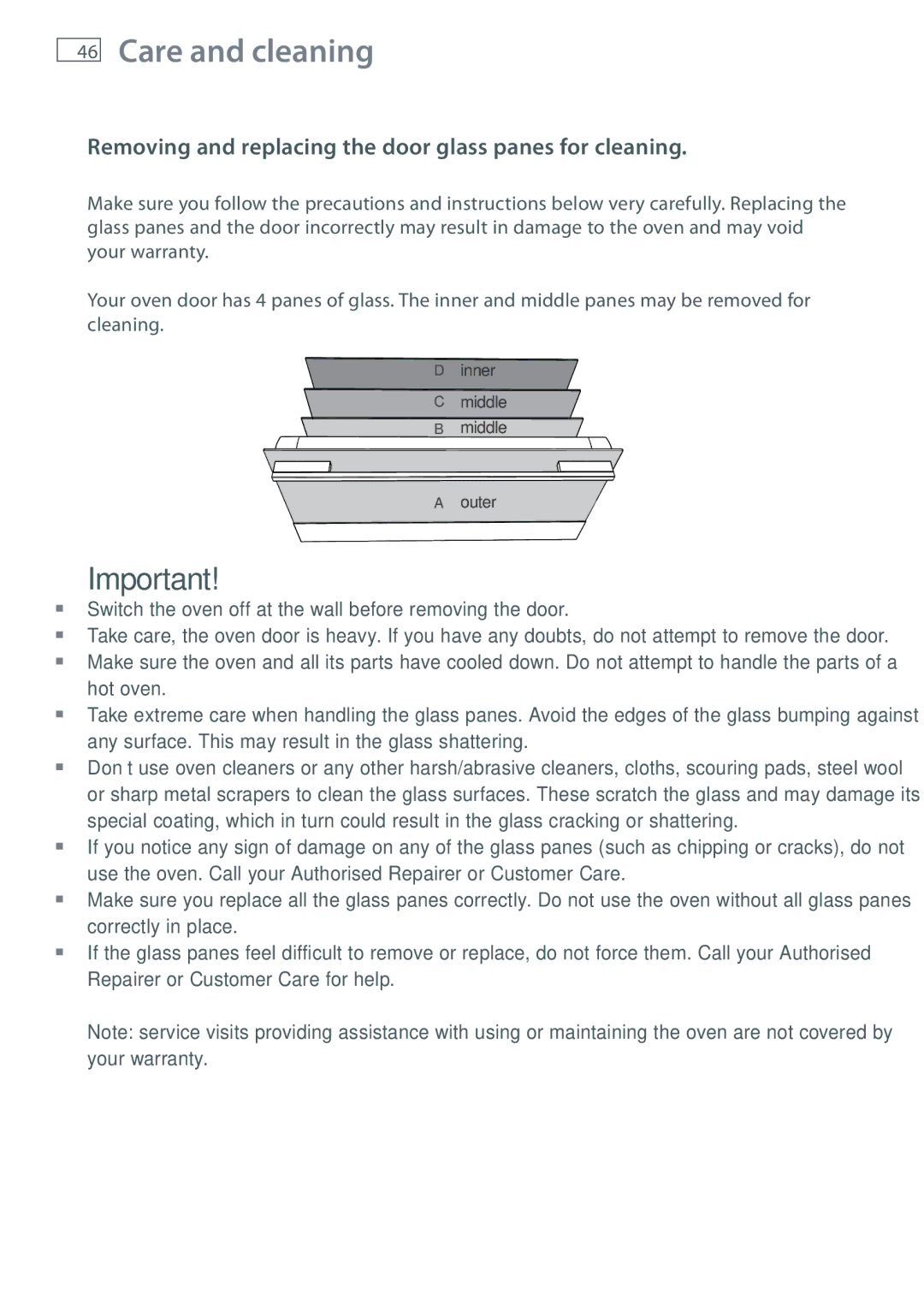 Fisher & Paykel OR90SDBGFPX installation instructions Removing and replacing the door glass panes for cleaning 