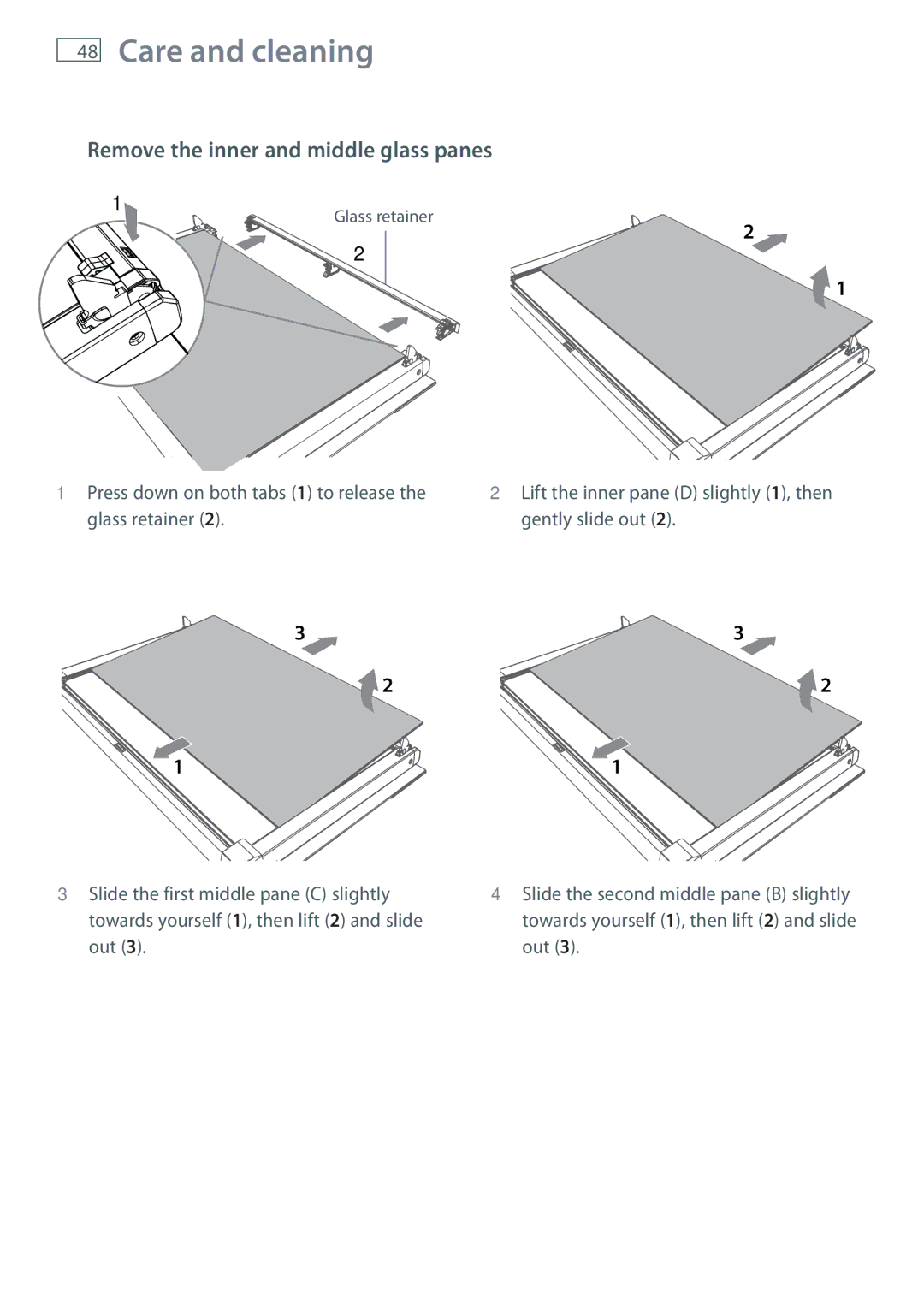 Fisher & Paykel OR90SDBGFPX installation instructions Remove the inner and middle glass panes 