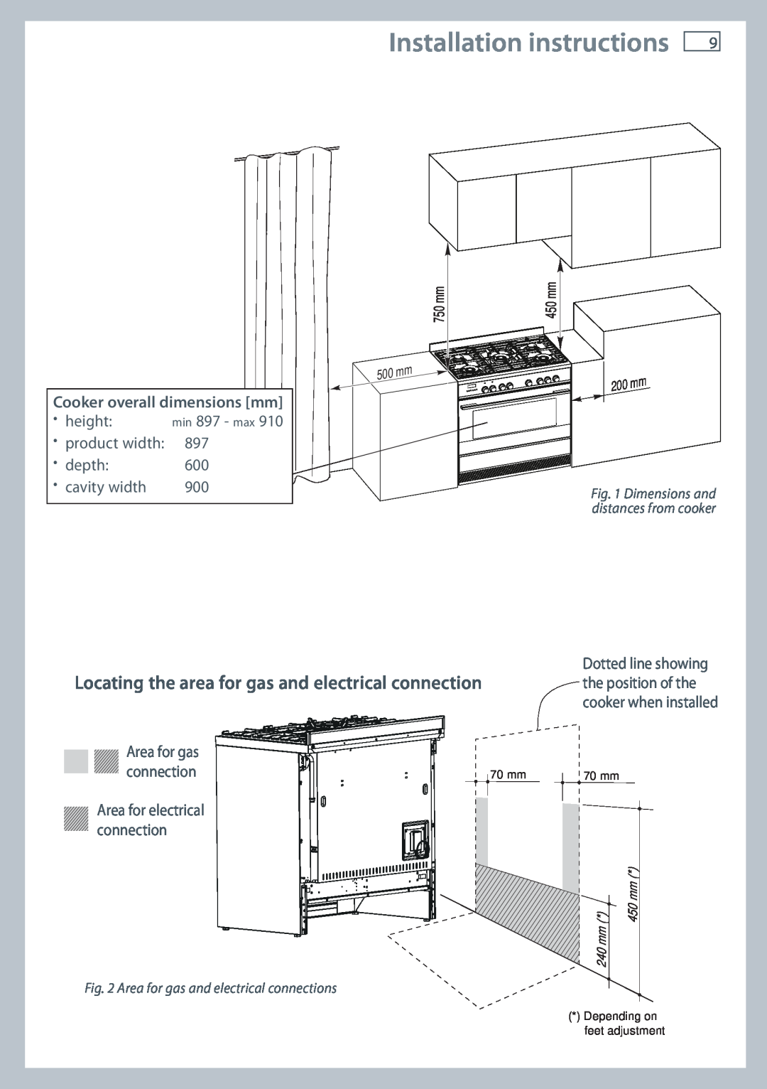 Fisher & Paykel OR90SDBGFPX installation instructions Installation instructions, Cooker overall dimensions mm 