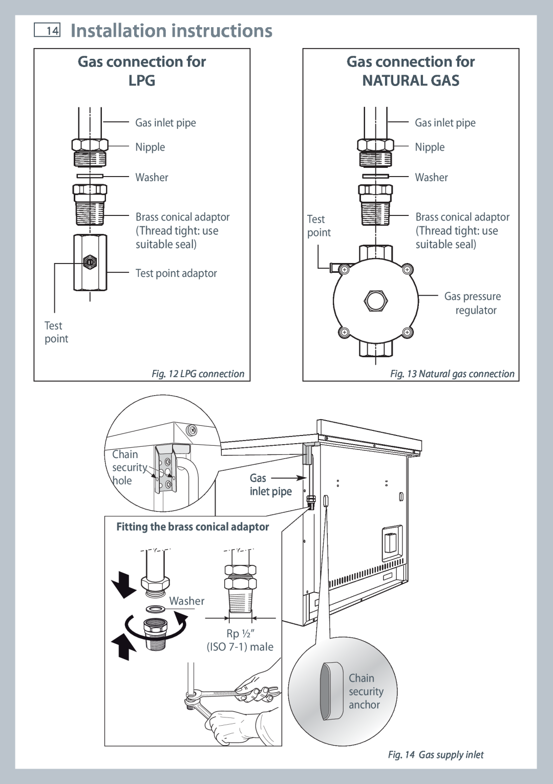 Fisher & Paykel OR90SDBGFPX 14Installation instructions, Gas connection for LPG, Natural Gas, suitable seal 