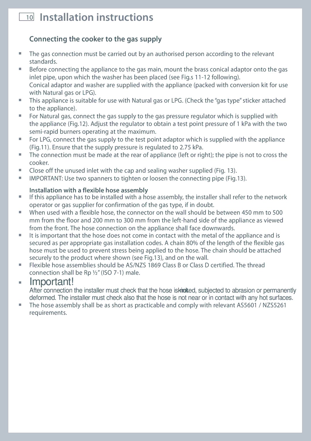 Fisher & Paykel OR90SDBGFX Connecting the cooker to the gas supply, Installation with a flexible hose assembly 