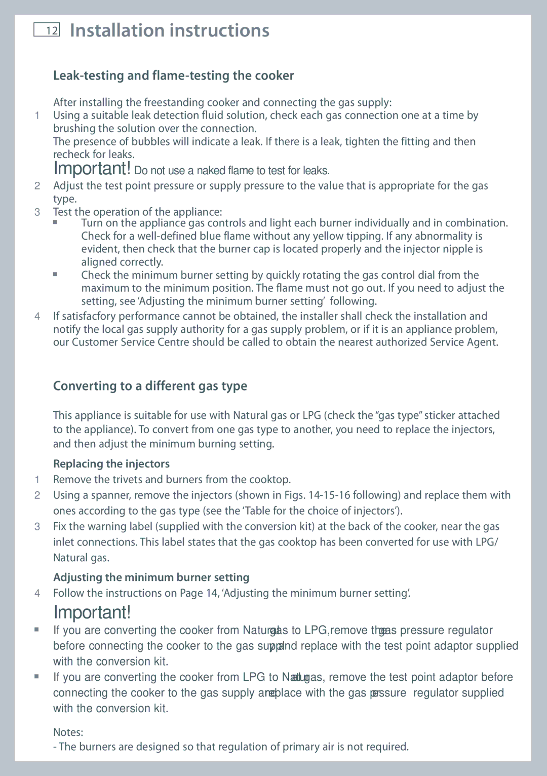 Fisher & Paykel OR90SDBGFX Leak-testing and flame-testing the cooker, Converting to a different gas type 