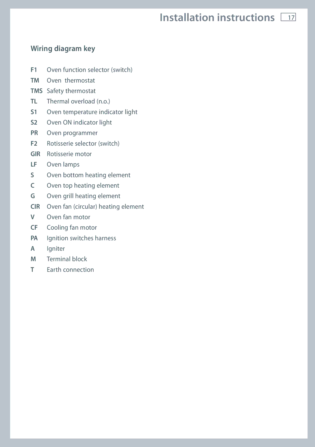 Fisher & Paykel OR90SDBGFX installation instructions Wiring diagram key 