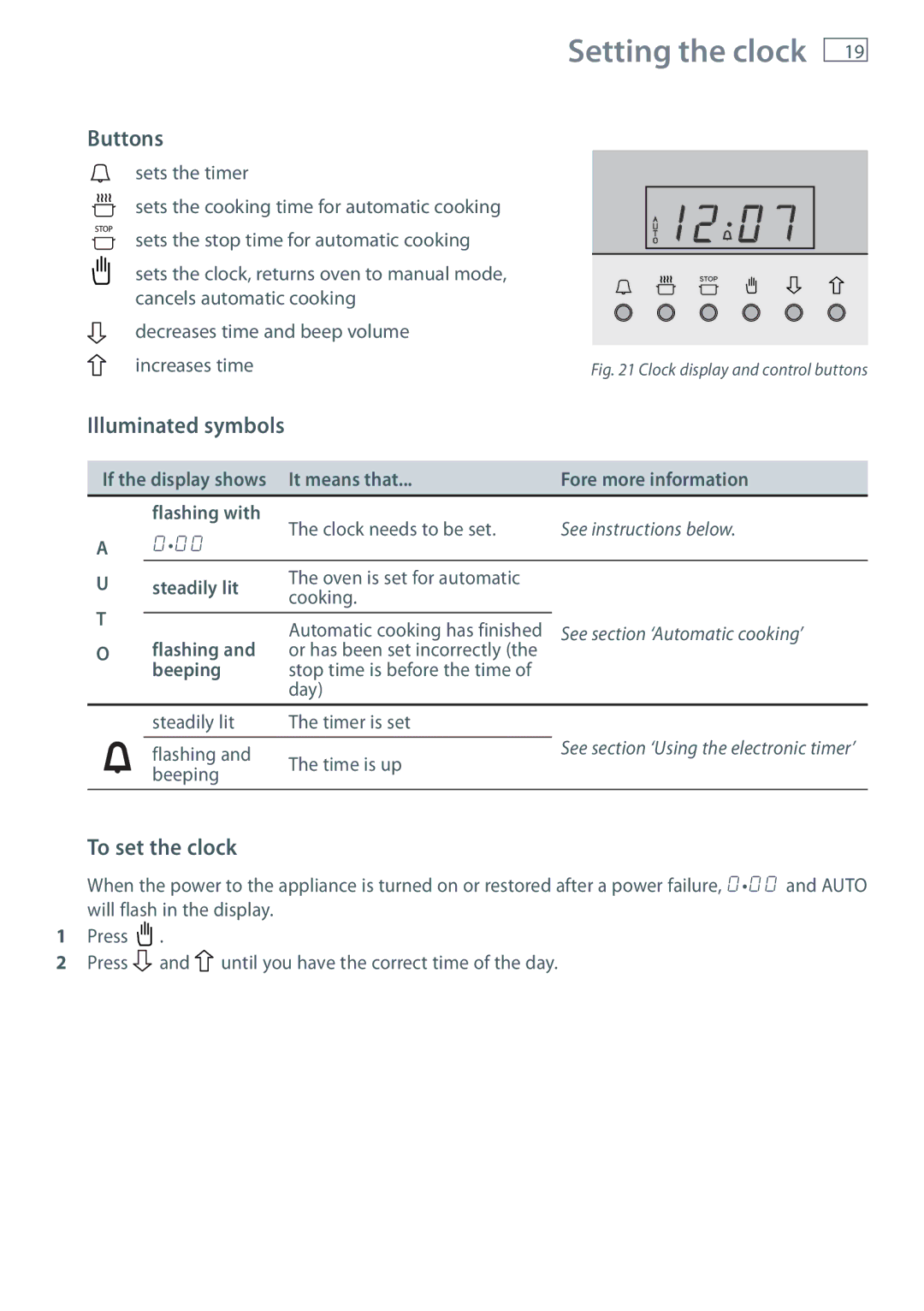 Fisher & Paykel OR90SDBGFX installation instructions Setting the clock, Buttons, Illuminated symbols, To set the clock 