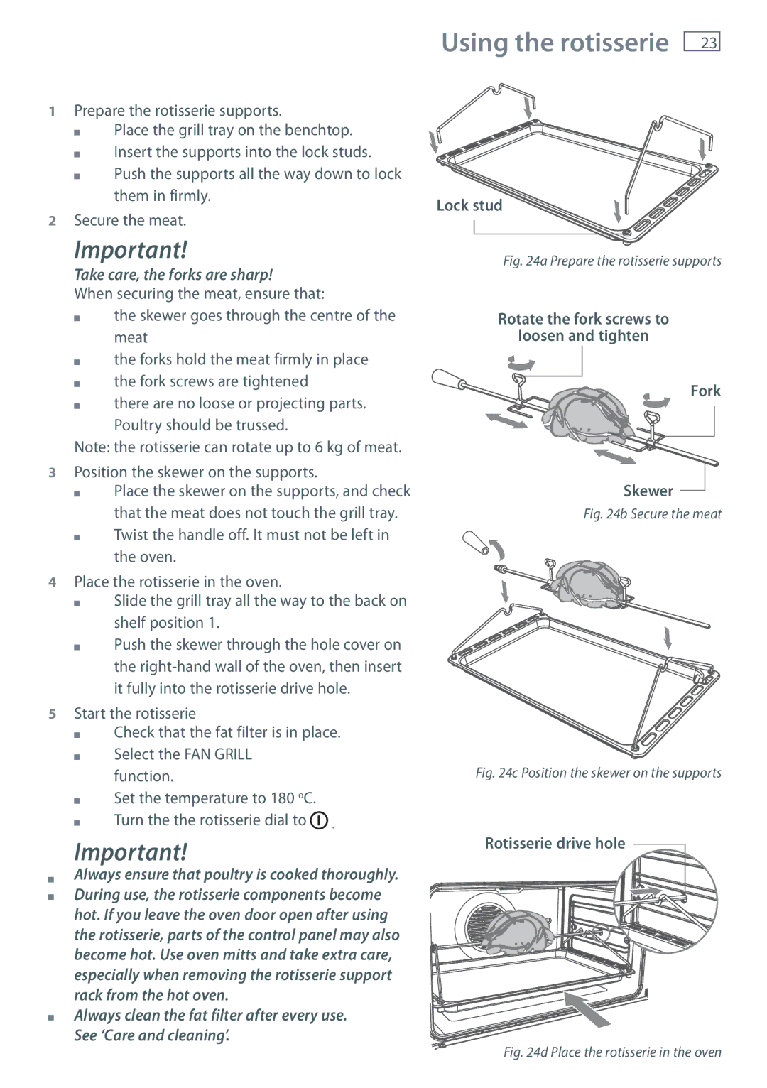 Fisher & Paykel OR90SDBGFX Using the rotisserie, Lock stud, Rotate the fork screws to Loosen and tighten Fork Skewer 