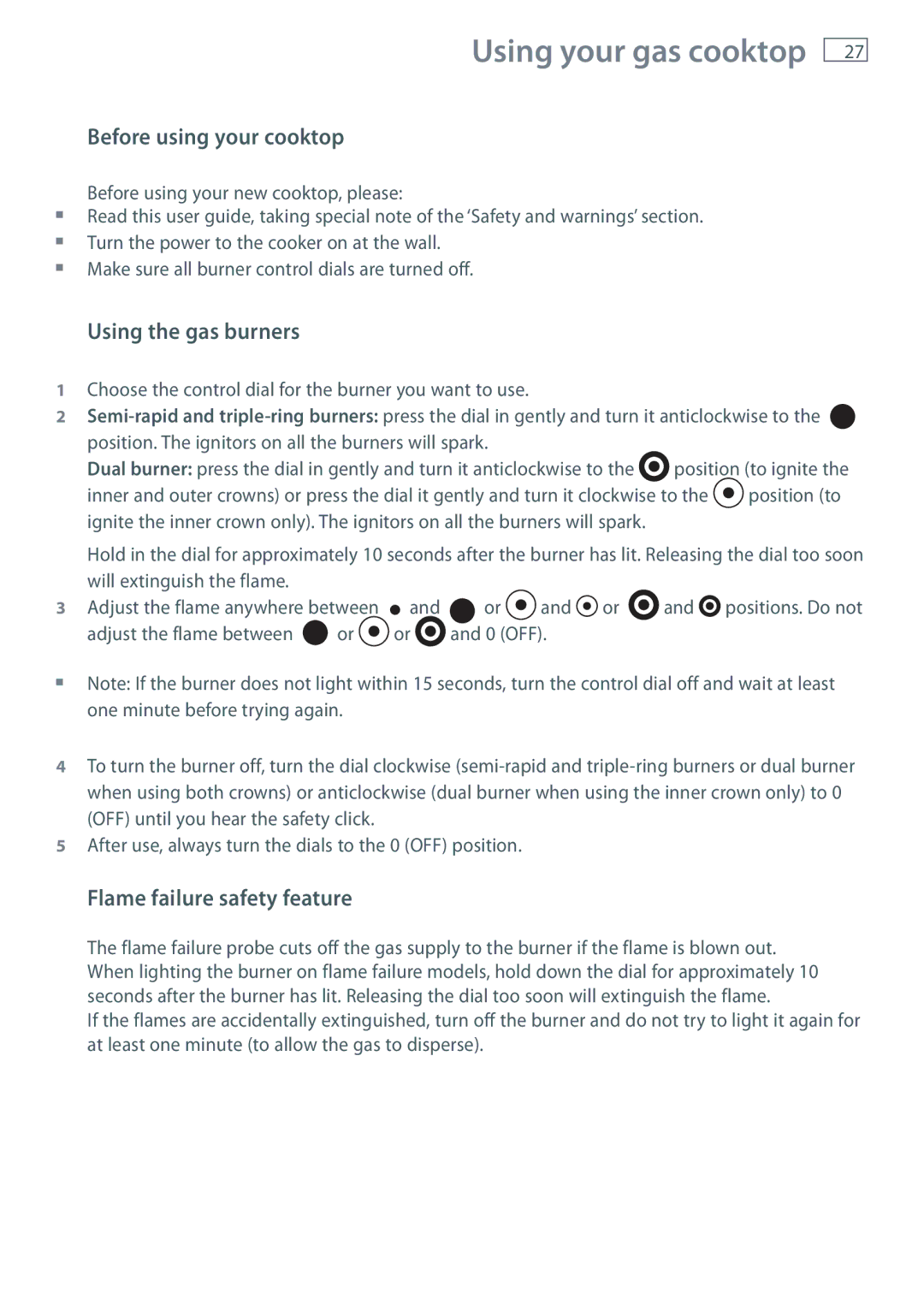 Fisher & Paykel OR90SDBGFX Before using your cooktop, Using the gas burners, Flame failure safety feature 