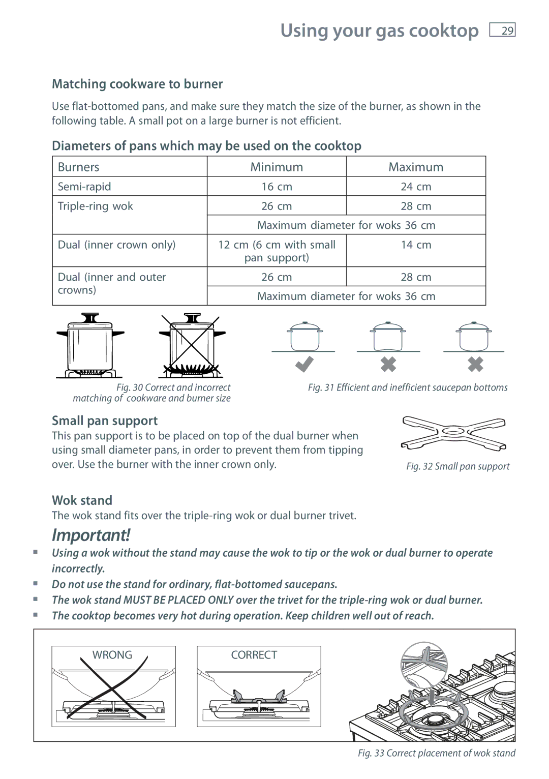 Fisher & Paykel OR90SDBGFX Matching cookware to burner, Diameters of pans which may be used on the cooktop, Wok stand 