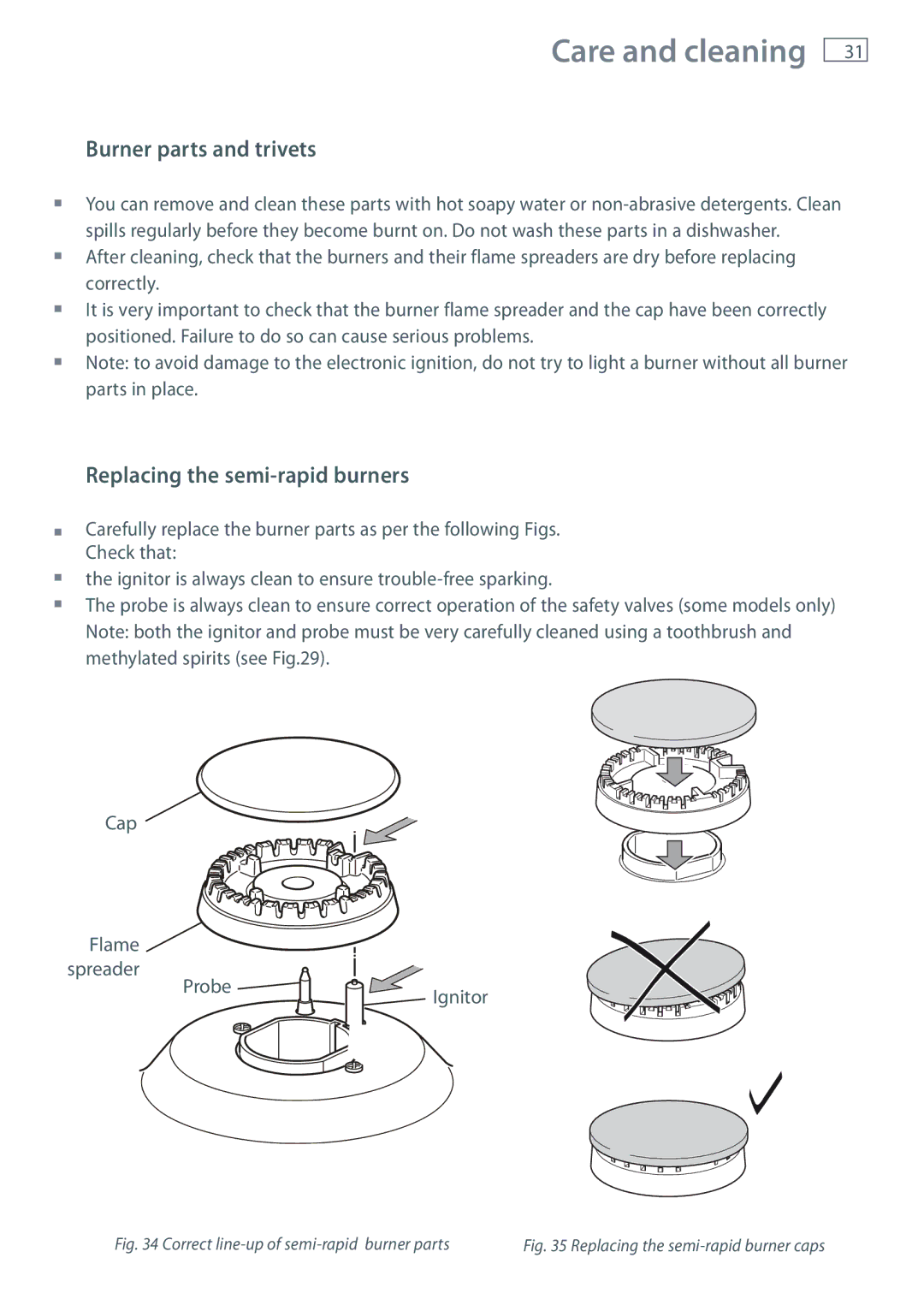 Fisher & Paykel OR90SDBGFX installation instructions Burner parts and trivets, Replacing the semi-rapid burners 