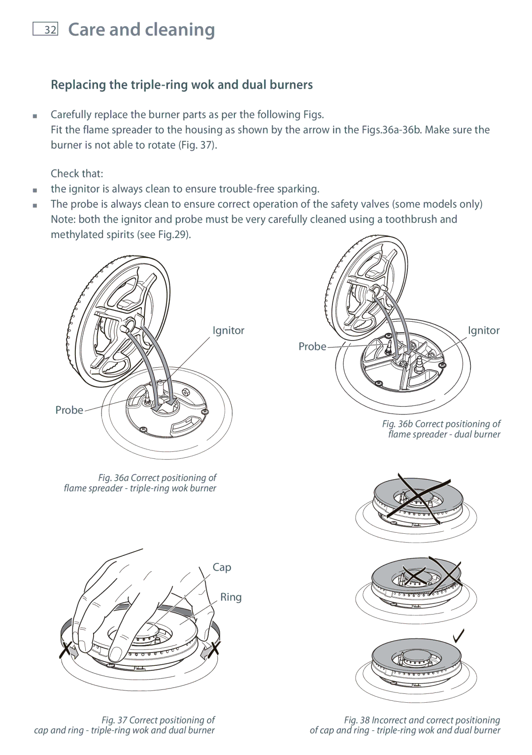 Fisher & Paykel OR90SDBGFX installation instructions Replacing the triple-ring wok and dual burners, Correct positioning 