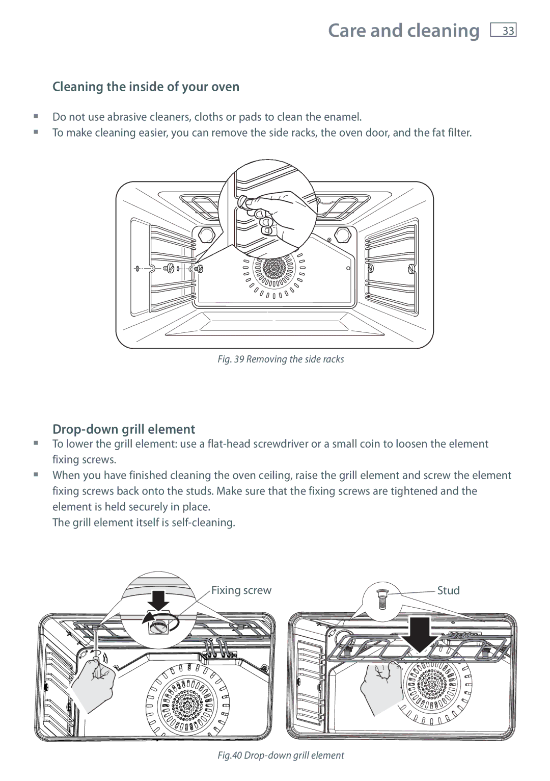 Fisher & Paykel OR90SDBGFX installation instructions Cleaning the inside of your oven, Drop-down grill element 