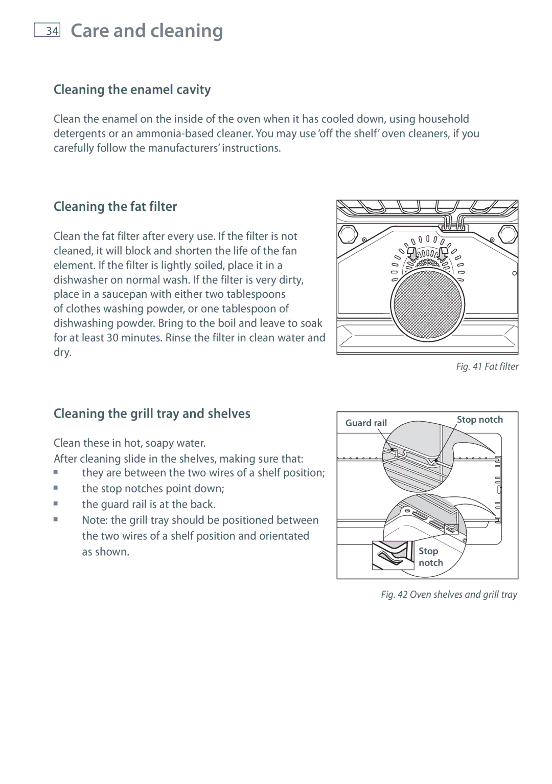 Fisher & Paykel OR90SDBGFX Cleaning the enamel cavity, Cleaning the fat filter, Cleaning the grill tray and shelves 