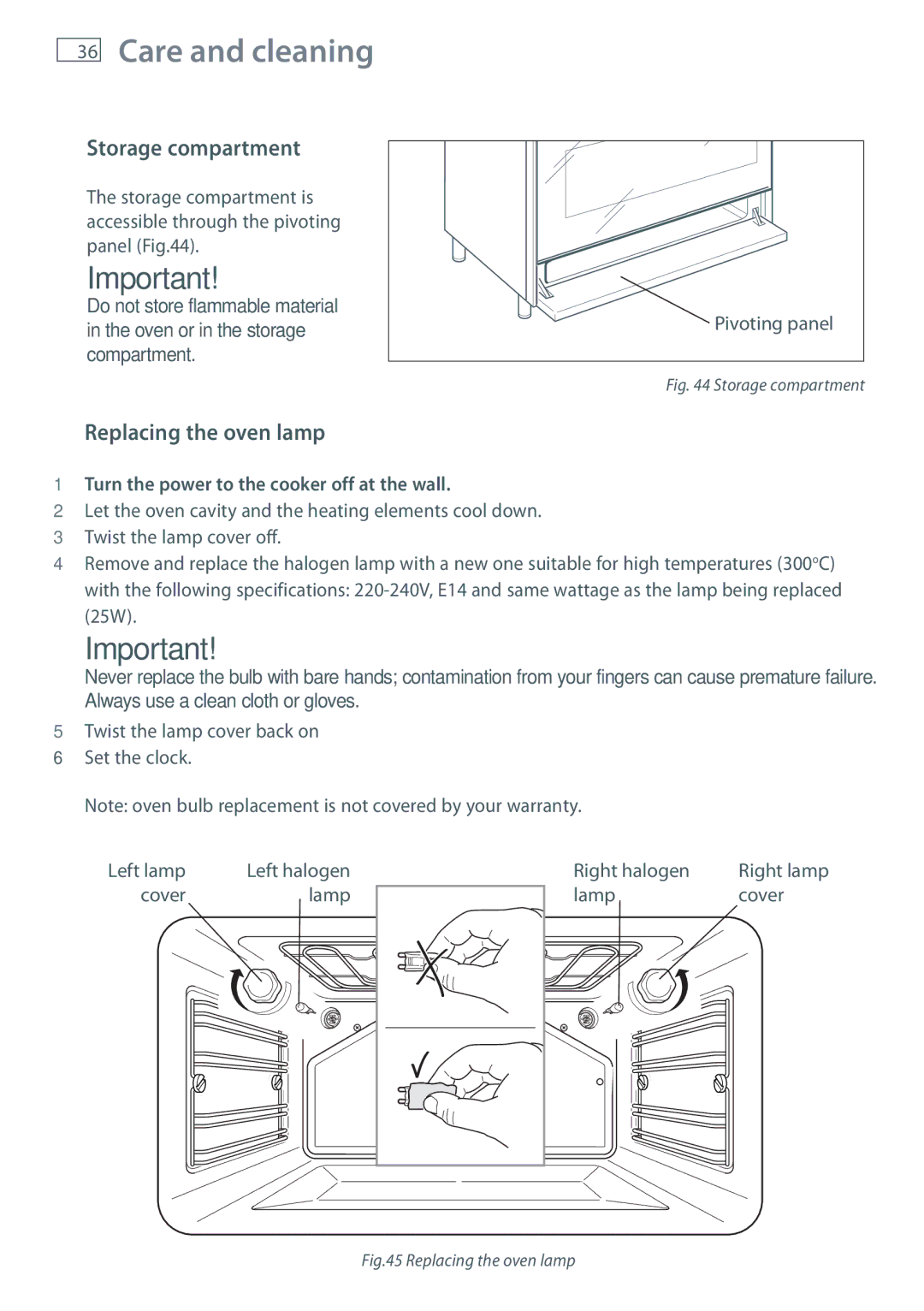 Fisher & Paykel OR90SDBGFX Storage compartment, Replacing the oven lamp, Turn the power to the cooker off at the wall 