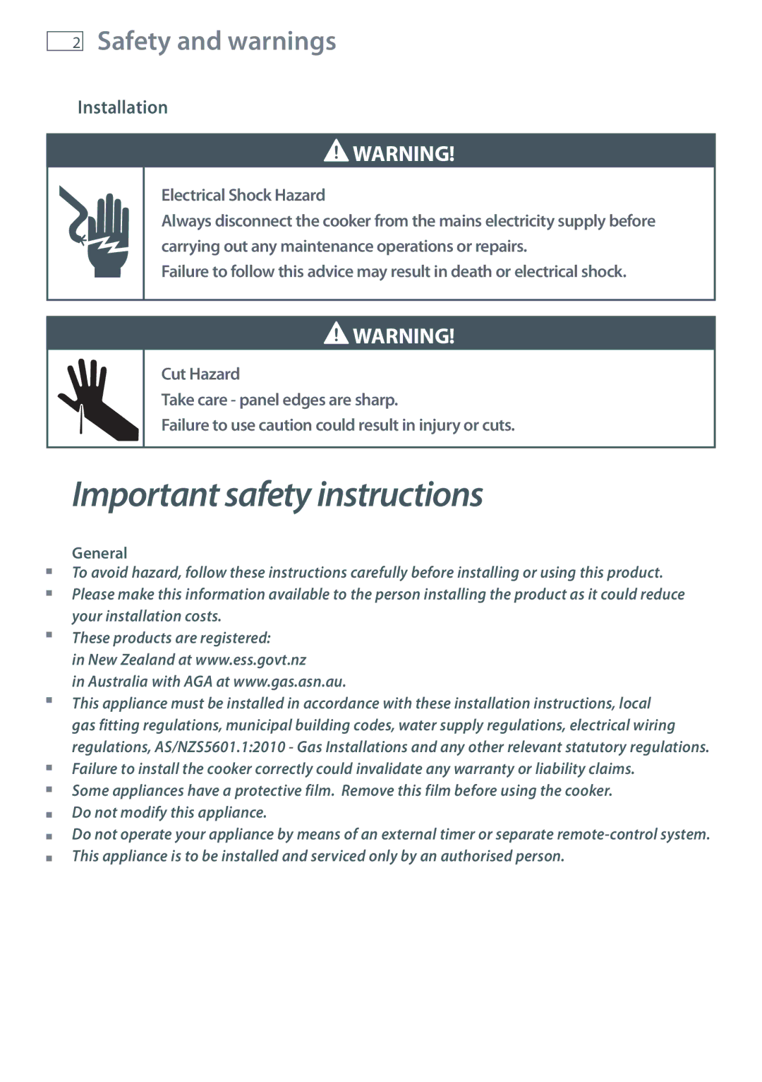 Fisher & Paykel OR90SDBGFX installation instructions Safety and warnings, Installation, General 