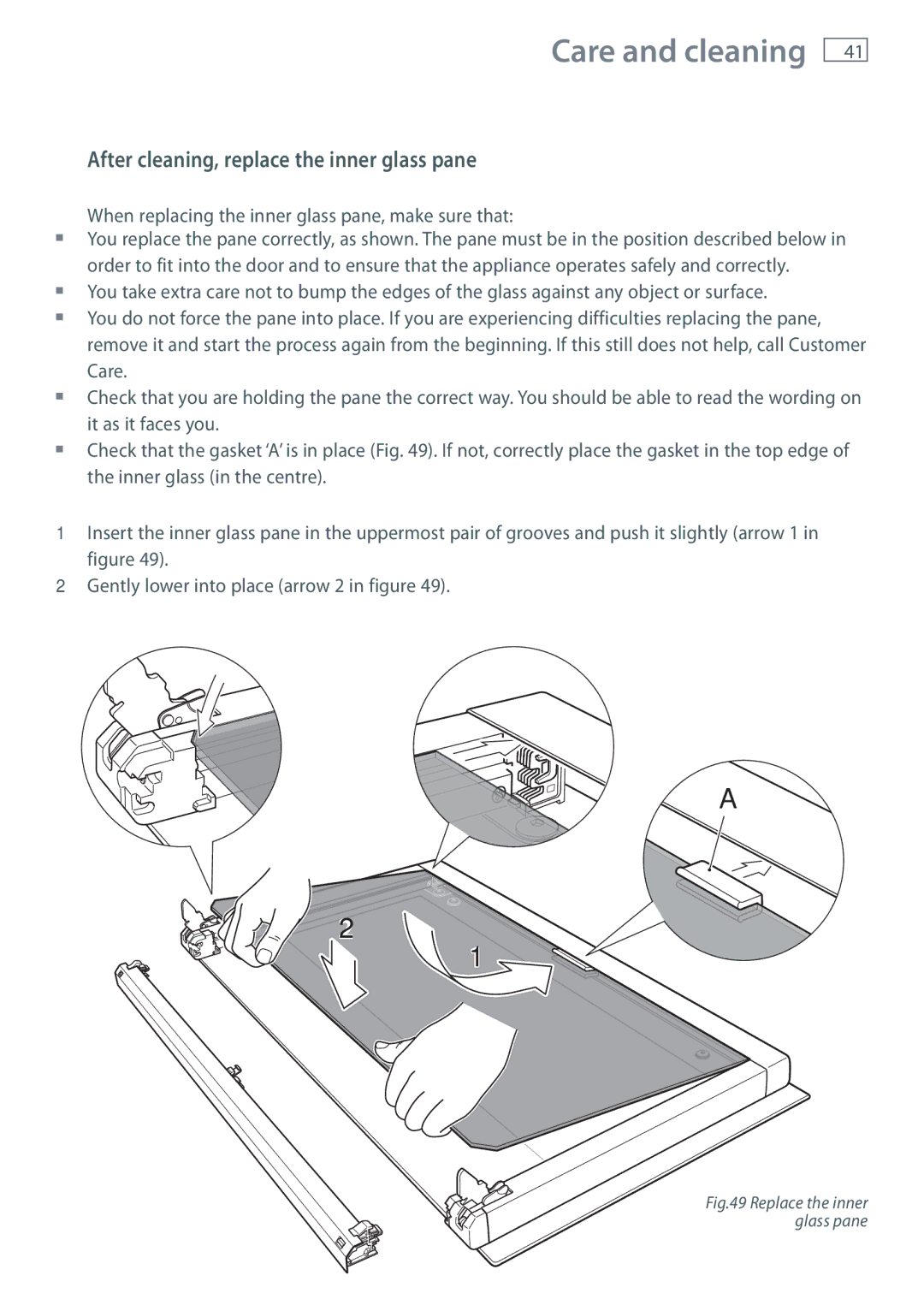 Fisher & Paykel OR90SDBGFX installation instructions After cleaning, replace the inner glass pane 