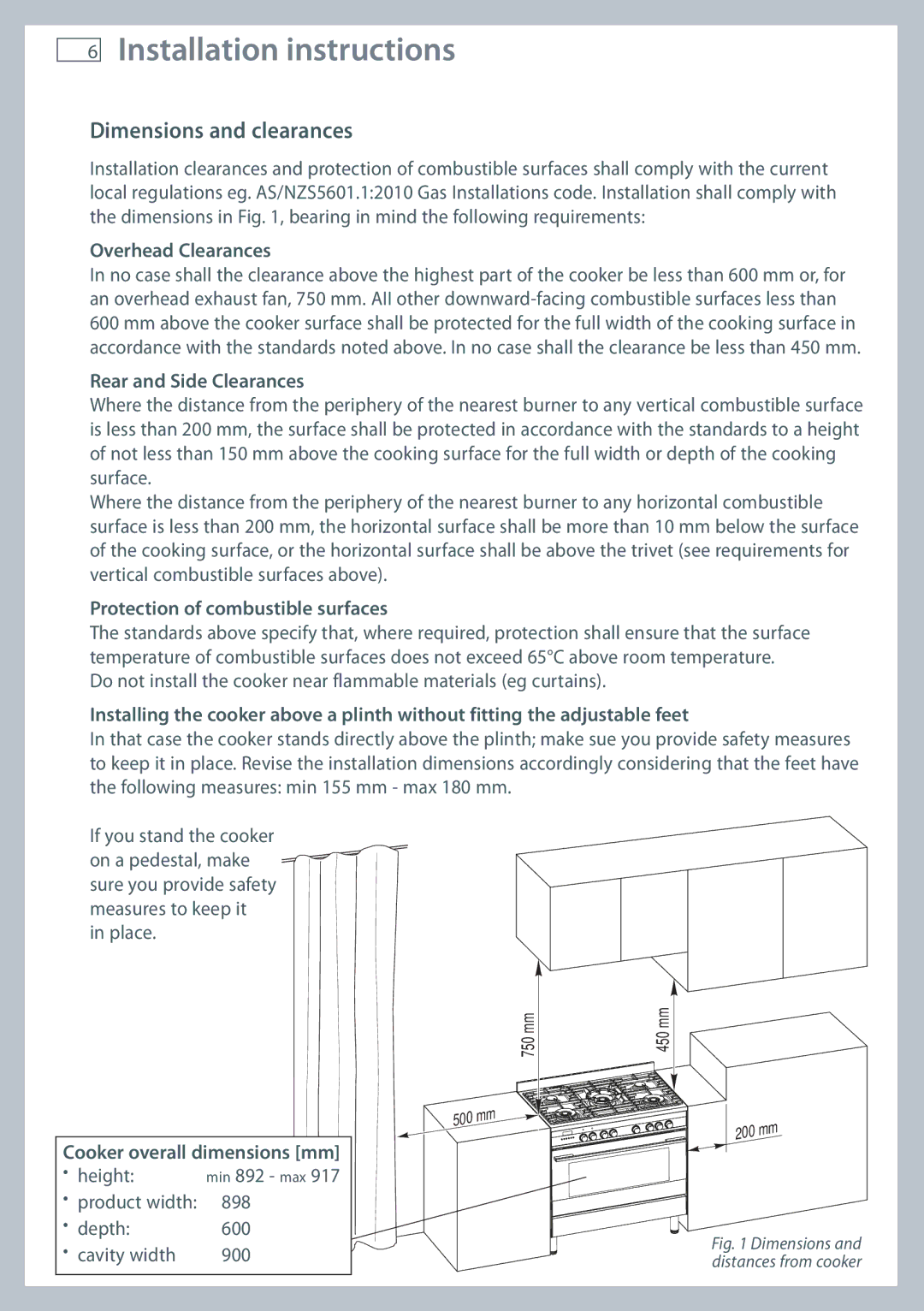 Fisher & Paykel OR90SDBGFX installation instructions Installation instructions, Dimensions and clearances 