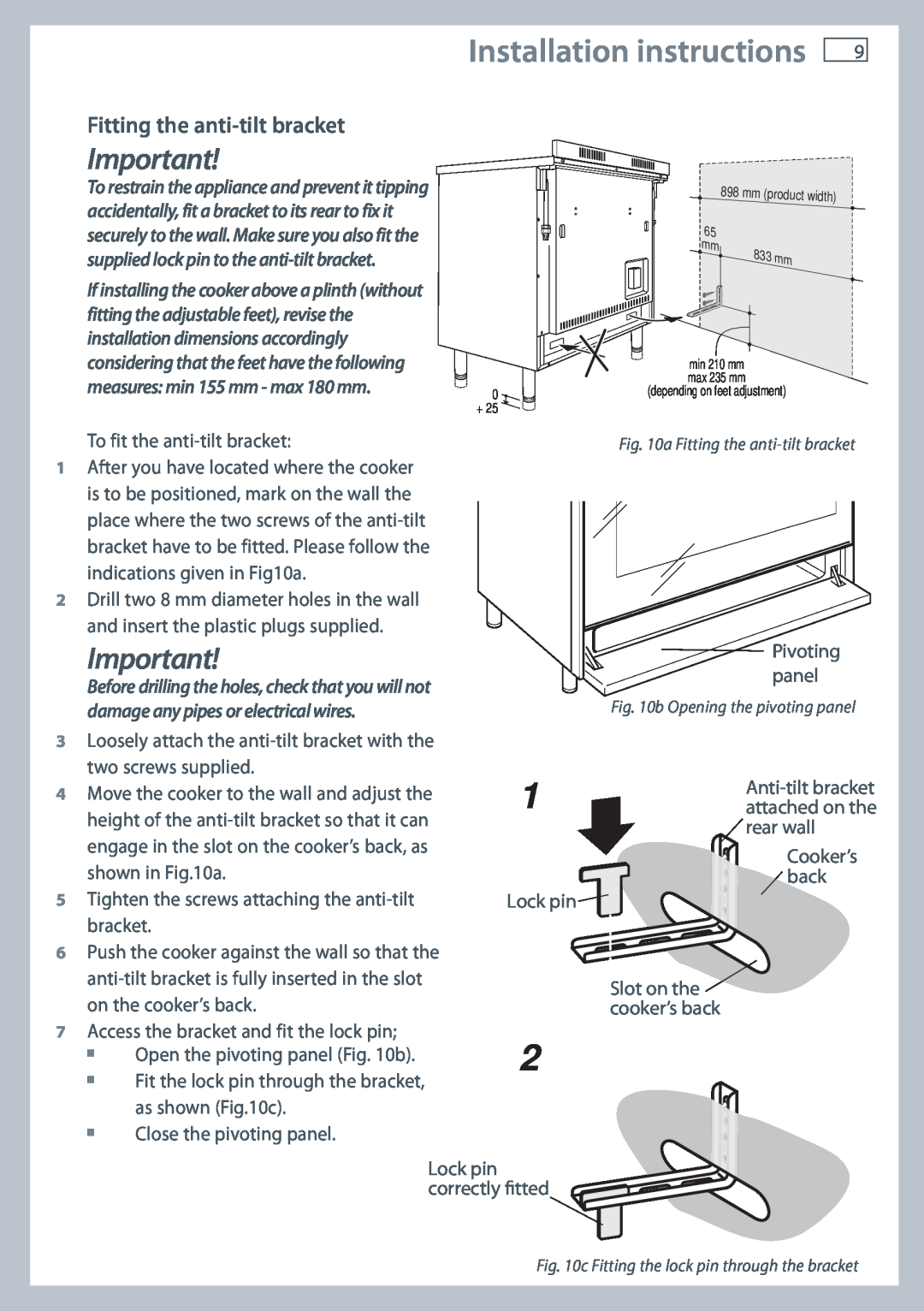 Fisher & Paykel OR90SDBGFX Installation instructions, Fitting the anti-tilt bracket, 0 +, 65 mm, mm product width 833 mm 