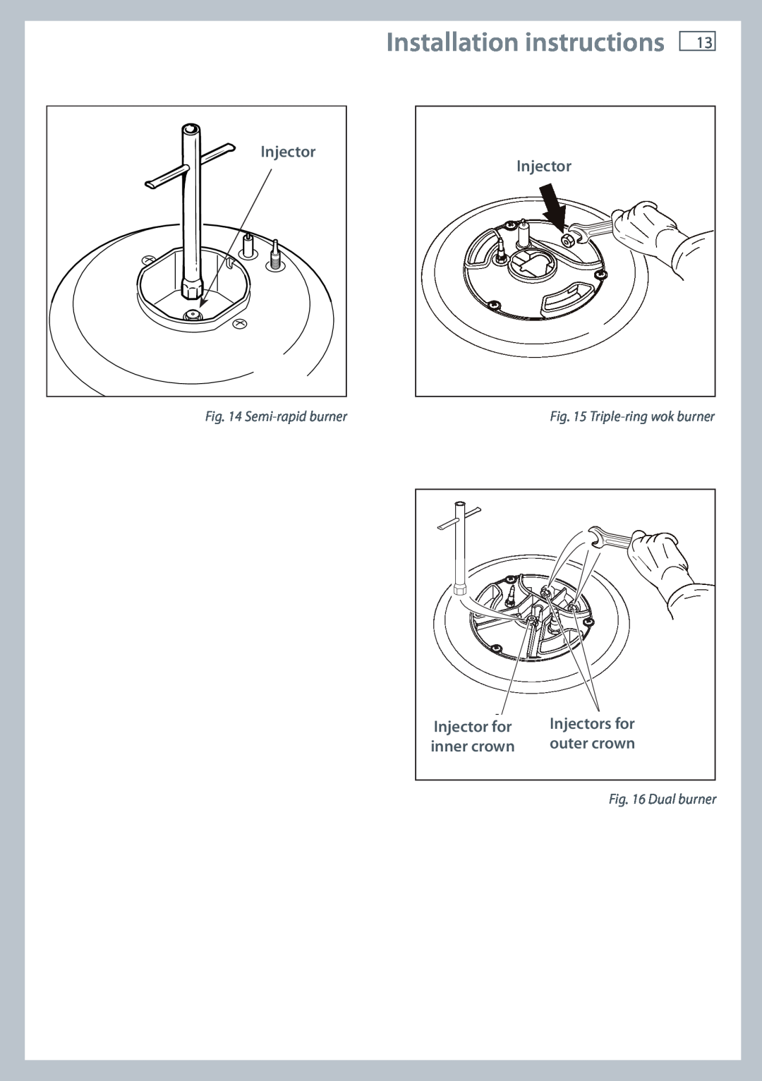Fisher & Paykel OR90SDBGFX Installation instructions, Semi-rapid burner, Triple-ring wok burner, inner crown, outer crown 