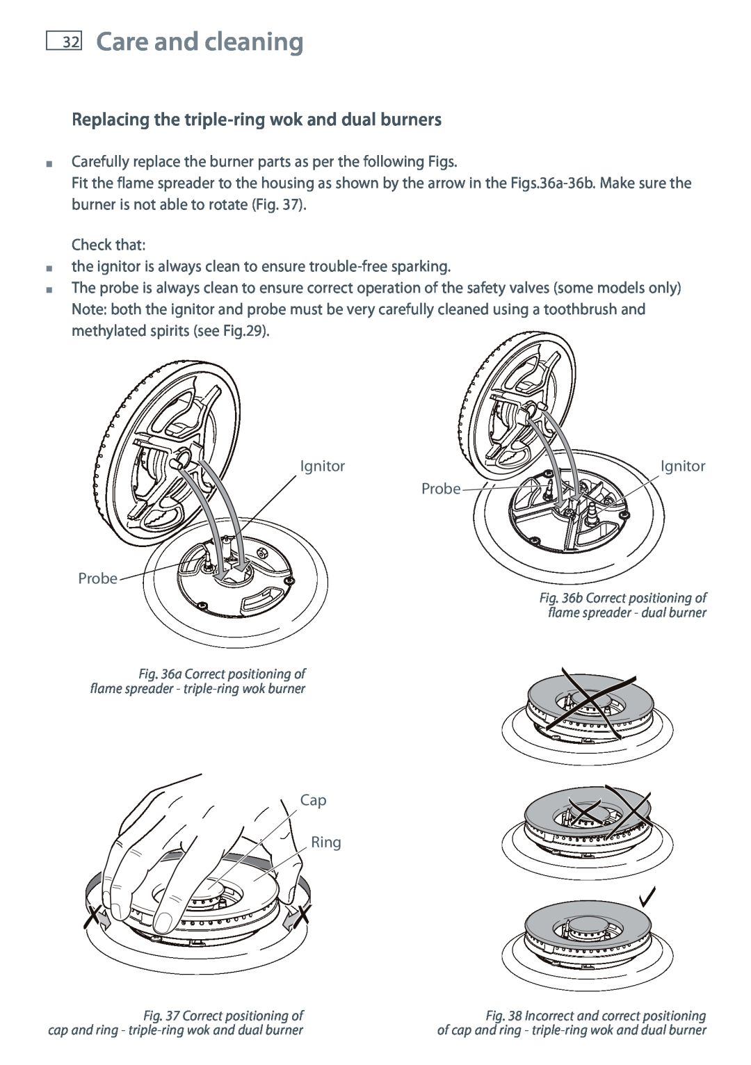 Fisher & Paykel OR90SDBGFX installation instructions Care and cleaning, Replacing the triple-ring wok and dual burners 