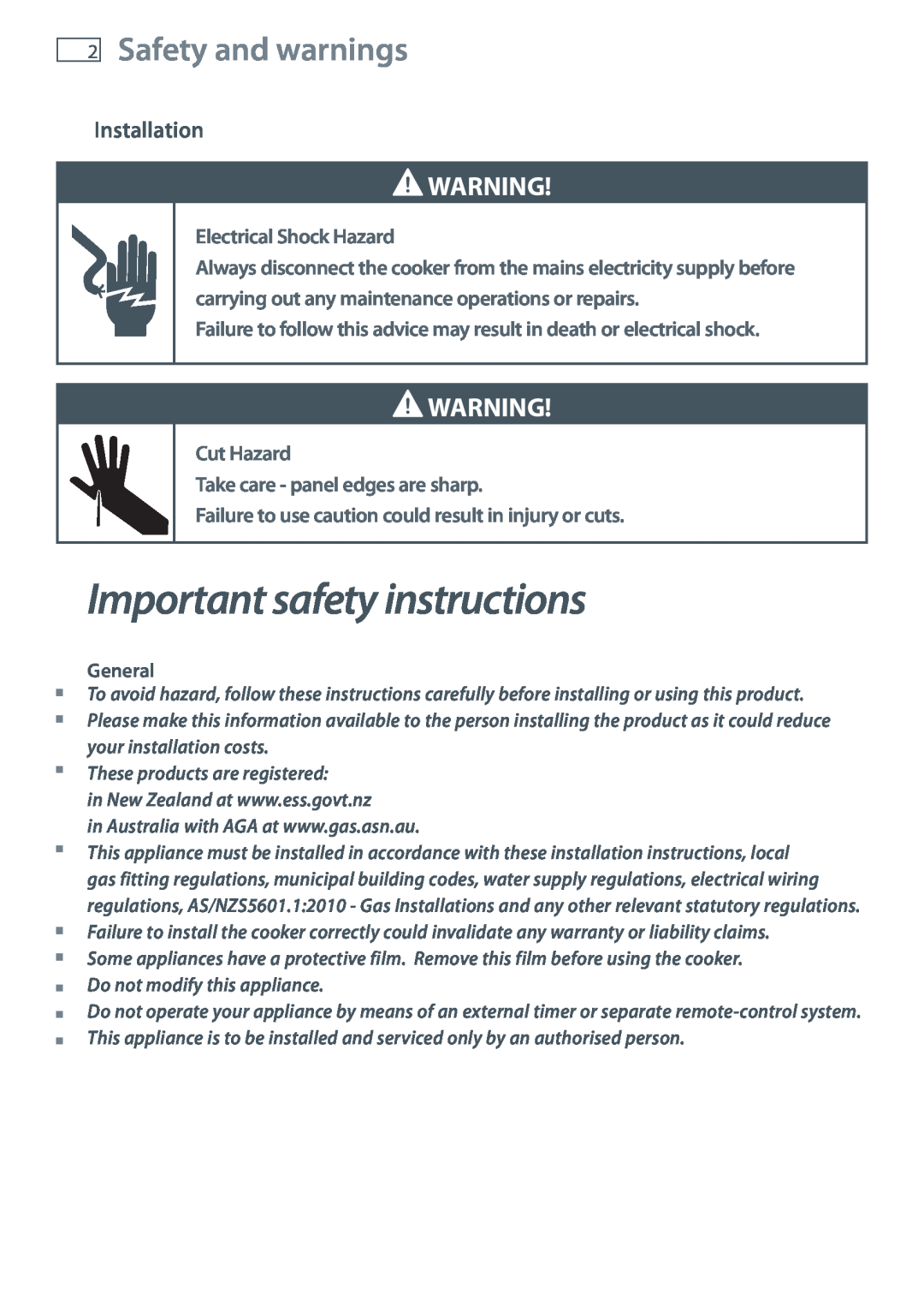 Fisher & Paykel OR90SDBGFX installation instructions Important safety instructions, Safety and warnings, Installation 