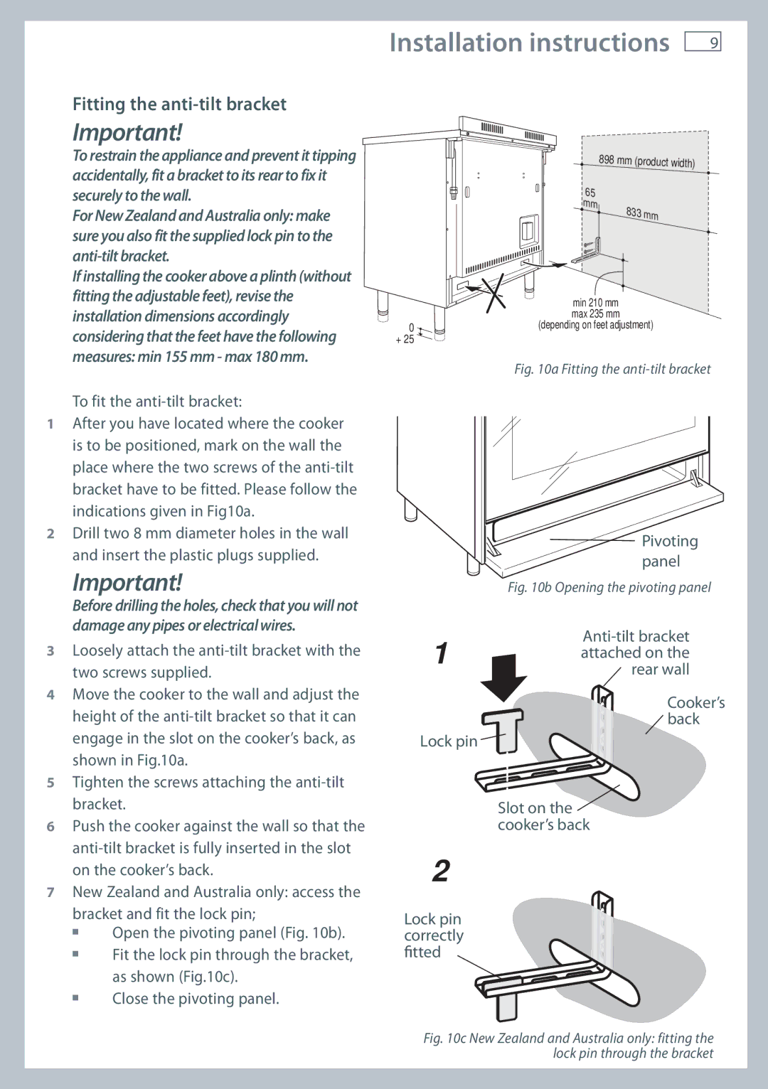Fisher & Paykel OR90SDBSI installation instructions Fitting the anti-tilt bracket, To fit the anti-tilt bracket 