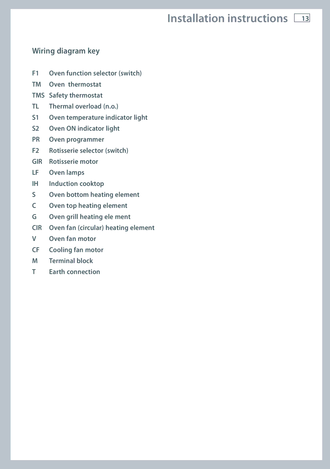 Fisher & Paykel OR90SDBSI installation instructions Wiring diagram key 