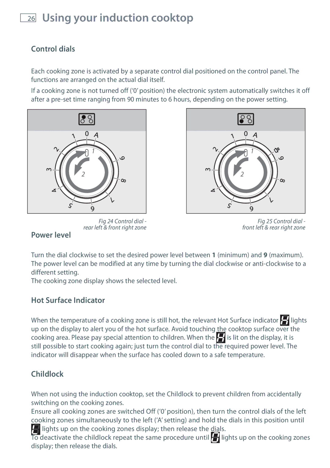 Fisher & Paykel OR90SDBSI Using your induction cooktop, Control dials, Power level, Hot Surface Indicator, Childlock 