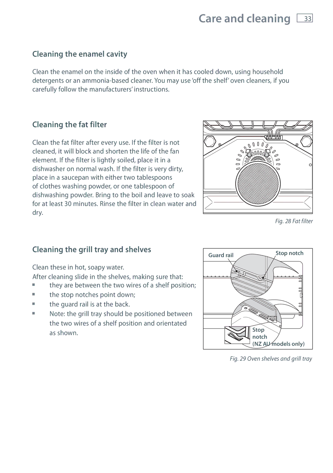 Fisher & Paykel OR90SDBSI Cleaning the enamel cavity, Cleaning the fat filter, Cleaning the grill tray and shelves 