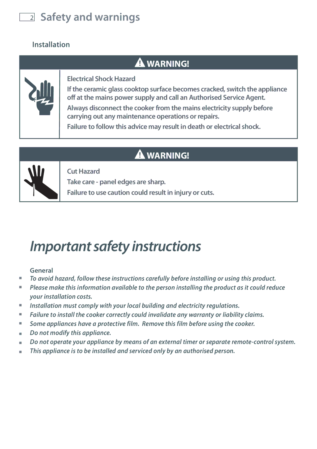 Fisher & Paykel OR90SDBSI installation instructions Safety and warnings, Installation, General 