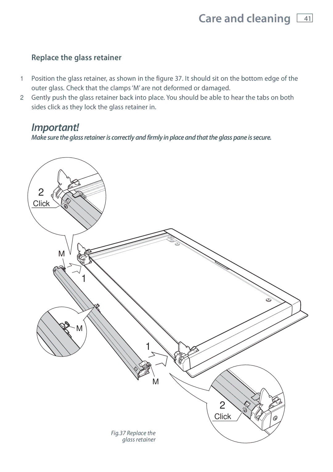 Fisher & Paykel OR90SDBSI installation instructions Replace the glass retainer 